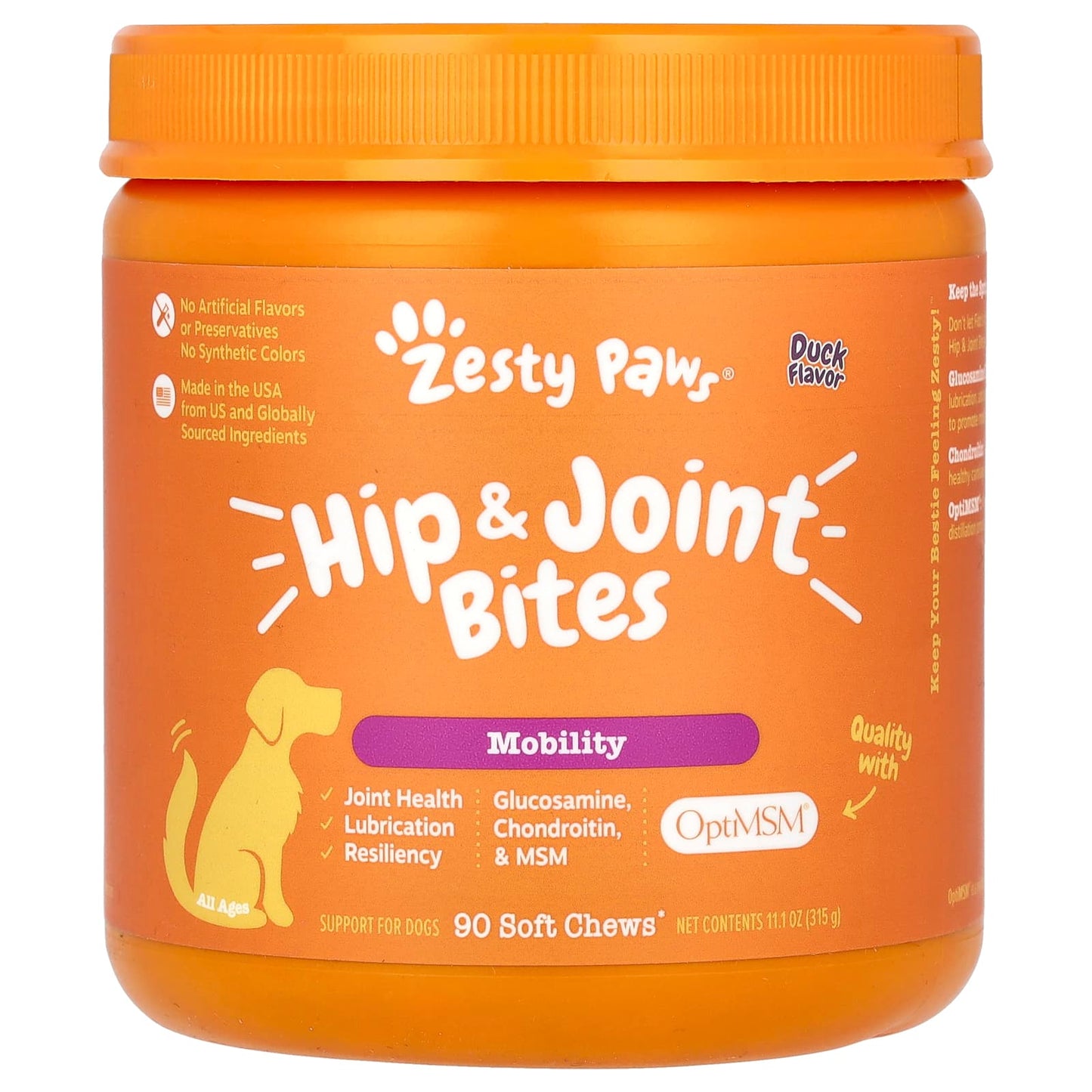 Zesty Paws-Hip and Joint Bites-For Dogs-Mobility-All Ages-Duck-90 Soft Chews-11.1 oz (315 g)