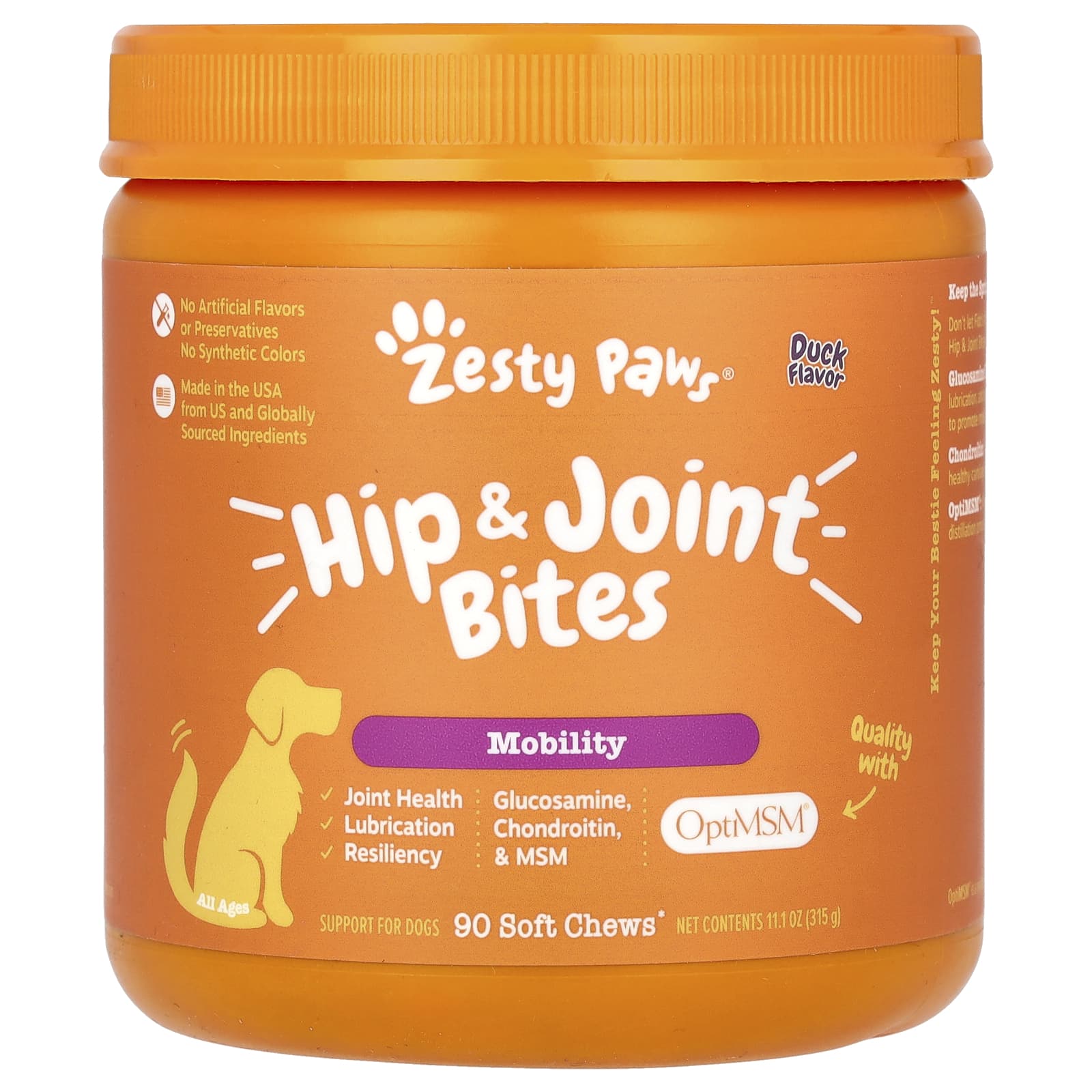 Zesty Paws-Hip and Joint Bites-For Dogs-Mobility-All Ages-Duck-90 Soft Chews-11.1 oz (315 g)