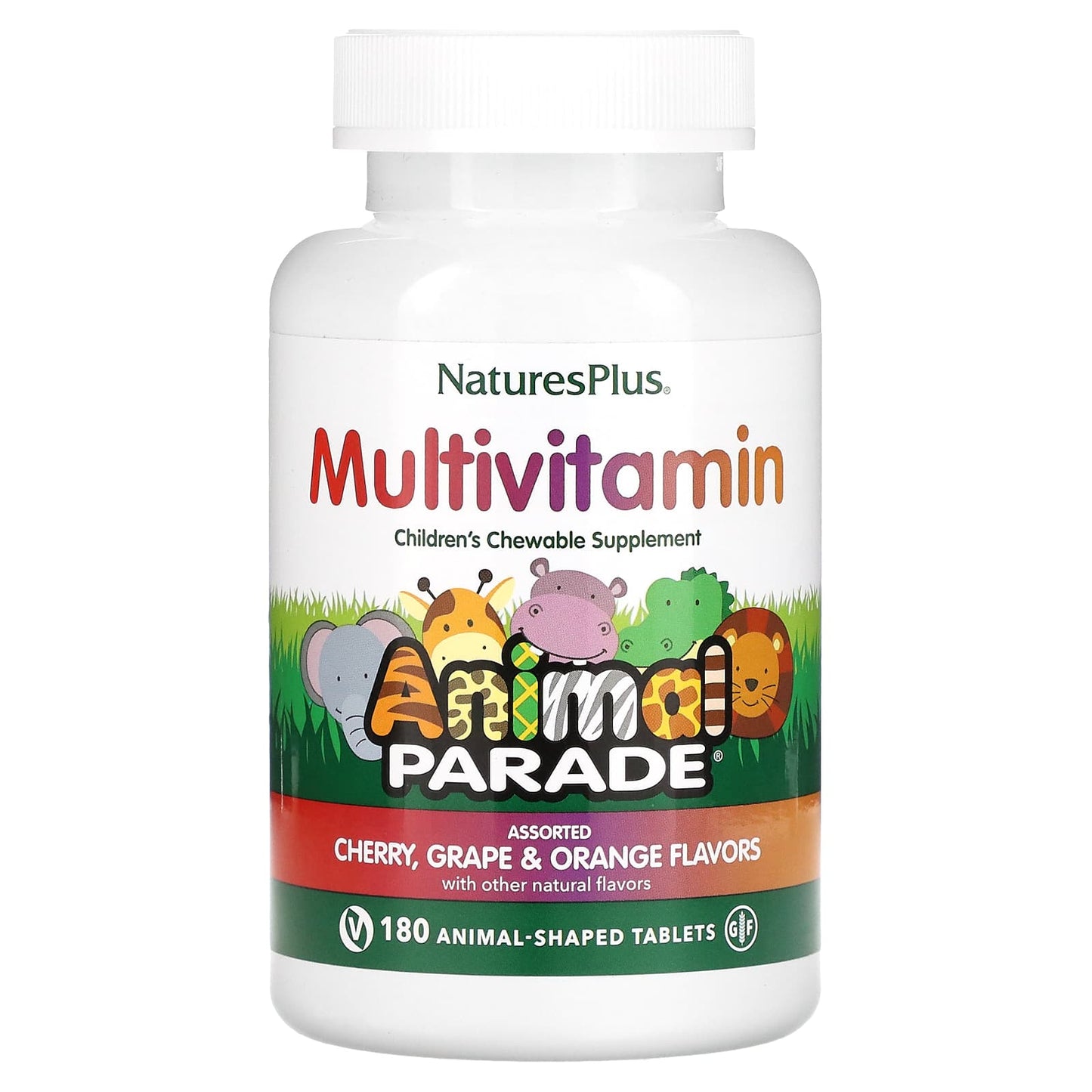 NaturesPlus-Animal Parade-Children's Chewable Multivitamin Supplement-Cherry-Grape & Orange-180 Animal-Shaped Tablets