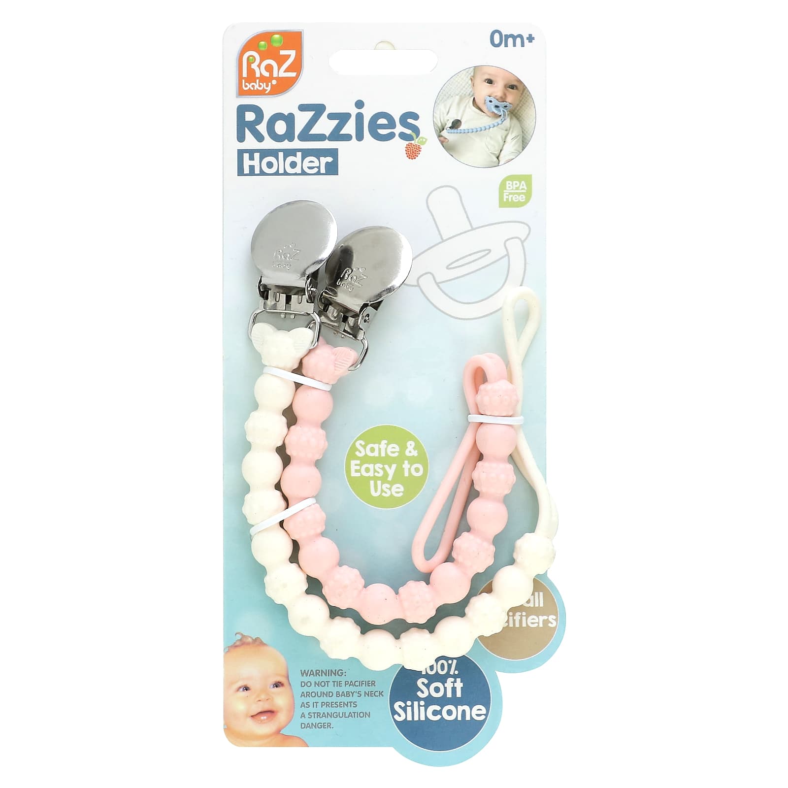 RaZbaby-RaZzies Pacifier Holder-0m+-Pink/Beige-2 Holders