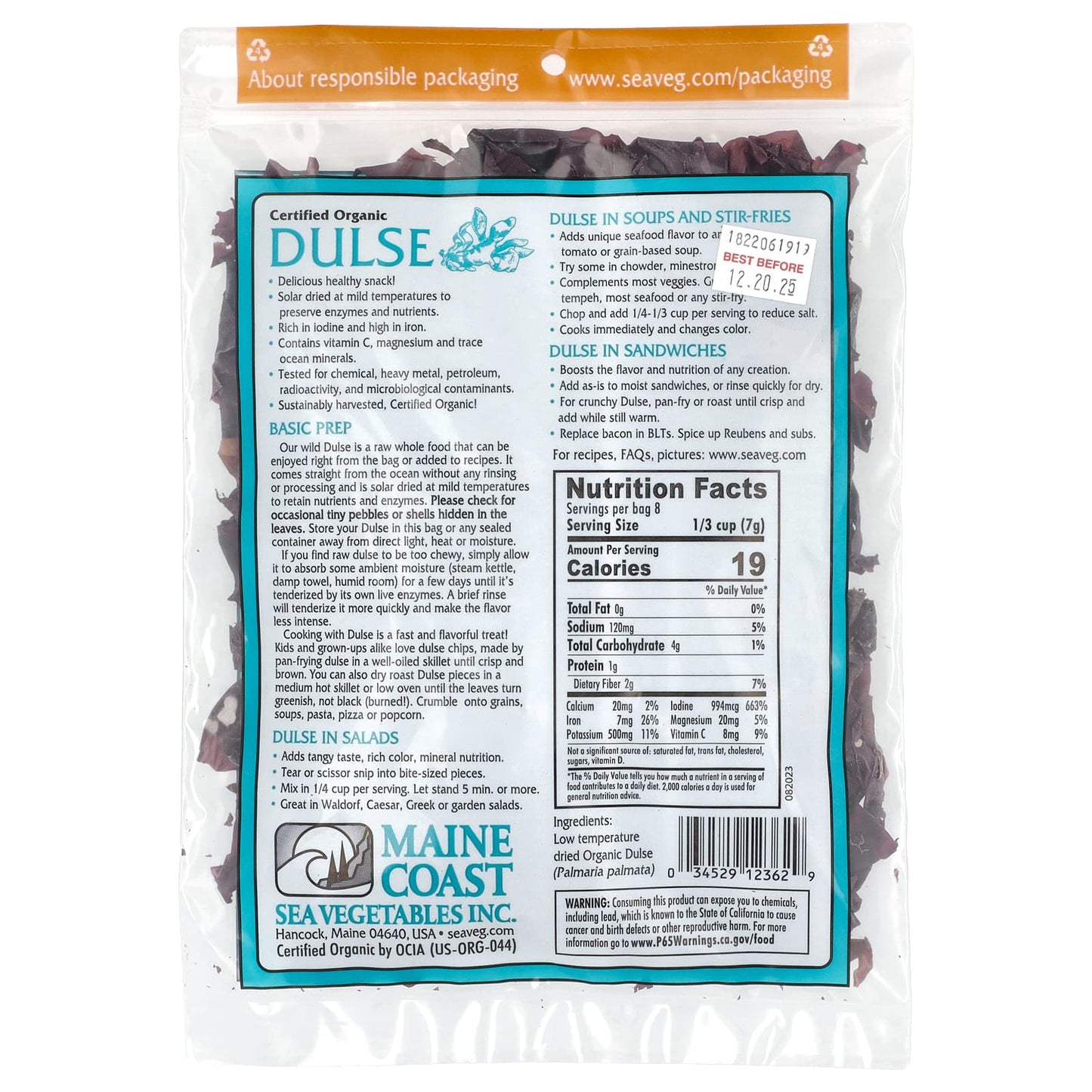 Maine Coast Sea Vegetables, Dulse, Wild Atlantic Sea Vegetable, 2 oz (56 g)