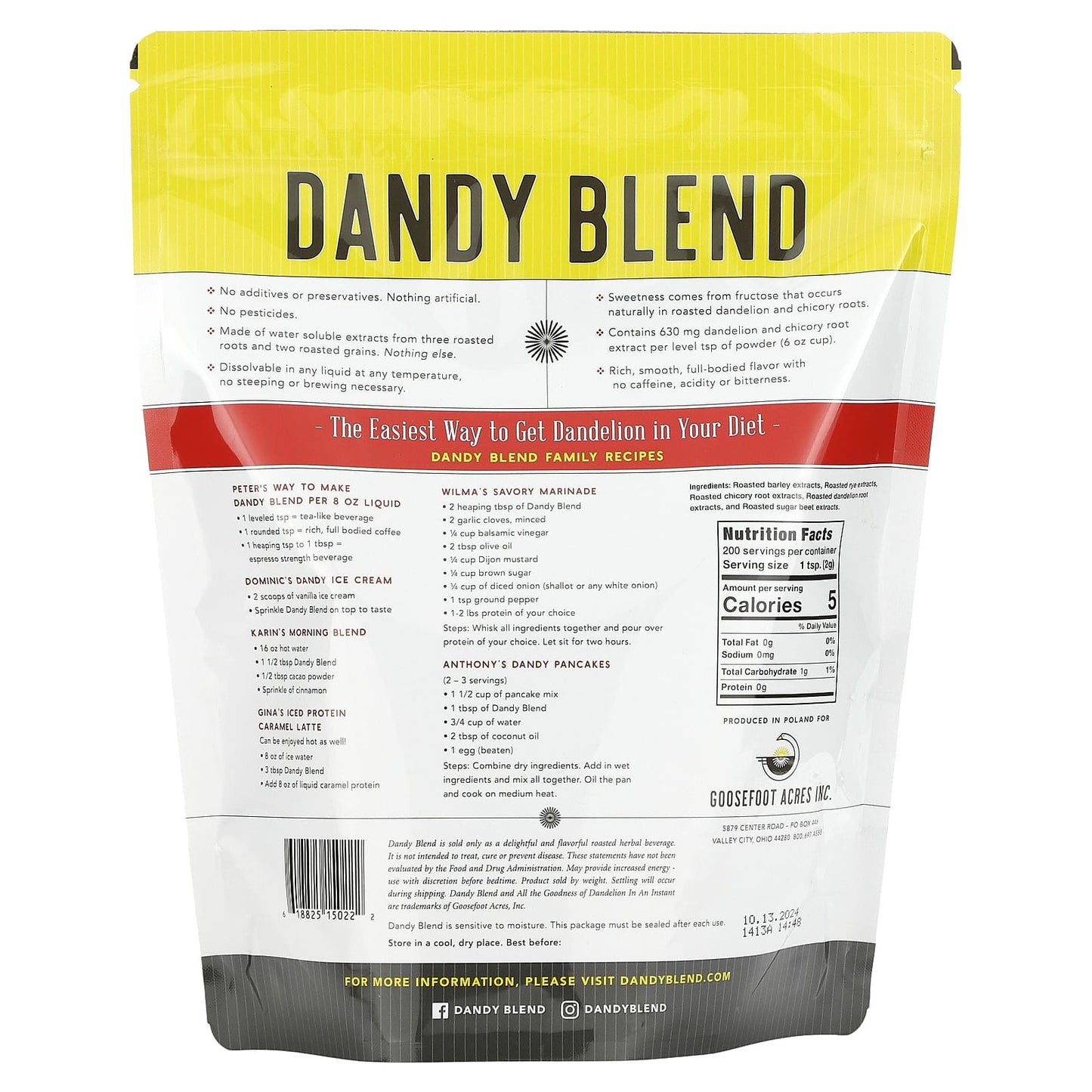 Dandy Blend, Instant Herbal Beverage with Dandelion, Caffeine Free, 14.1 oz (400 g)