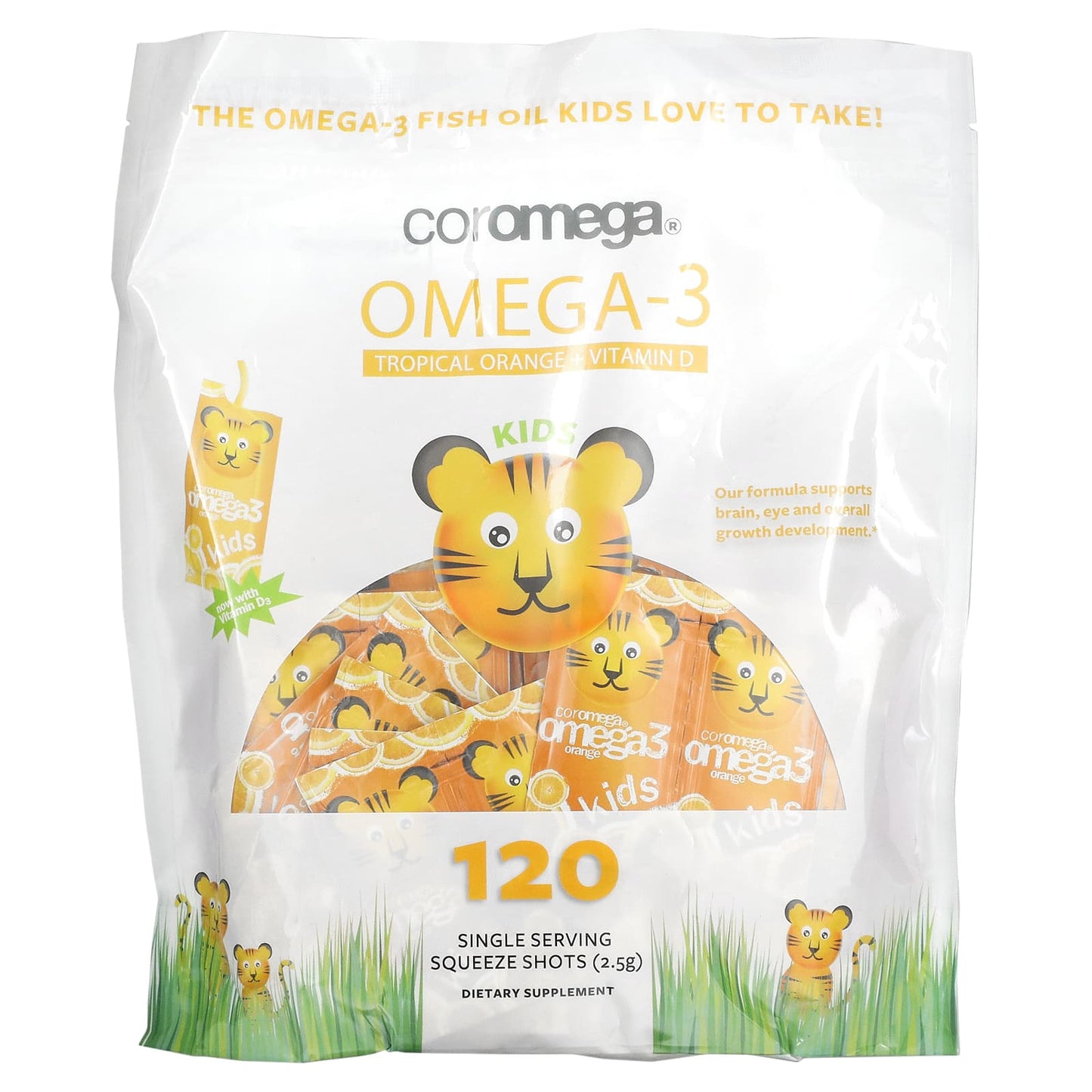 Coromega-Kids-Omega-3-Tropical Orange + Vitamin D-120 Single Serving Squeeze Shots-2.5 g Each