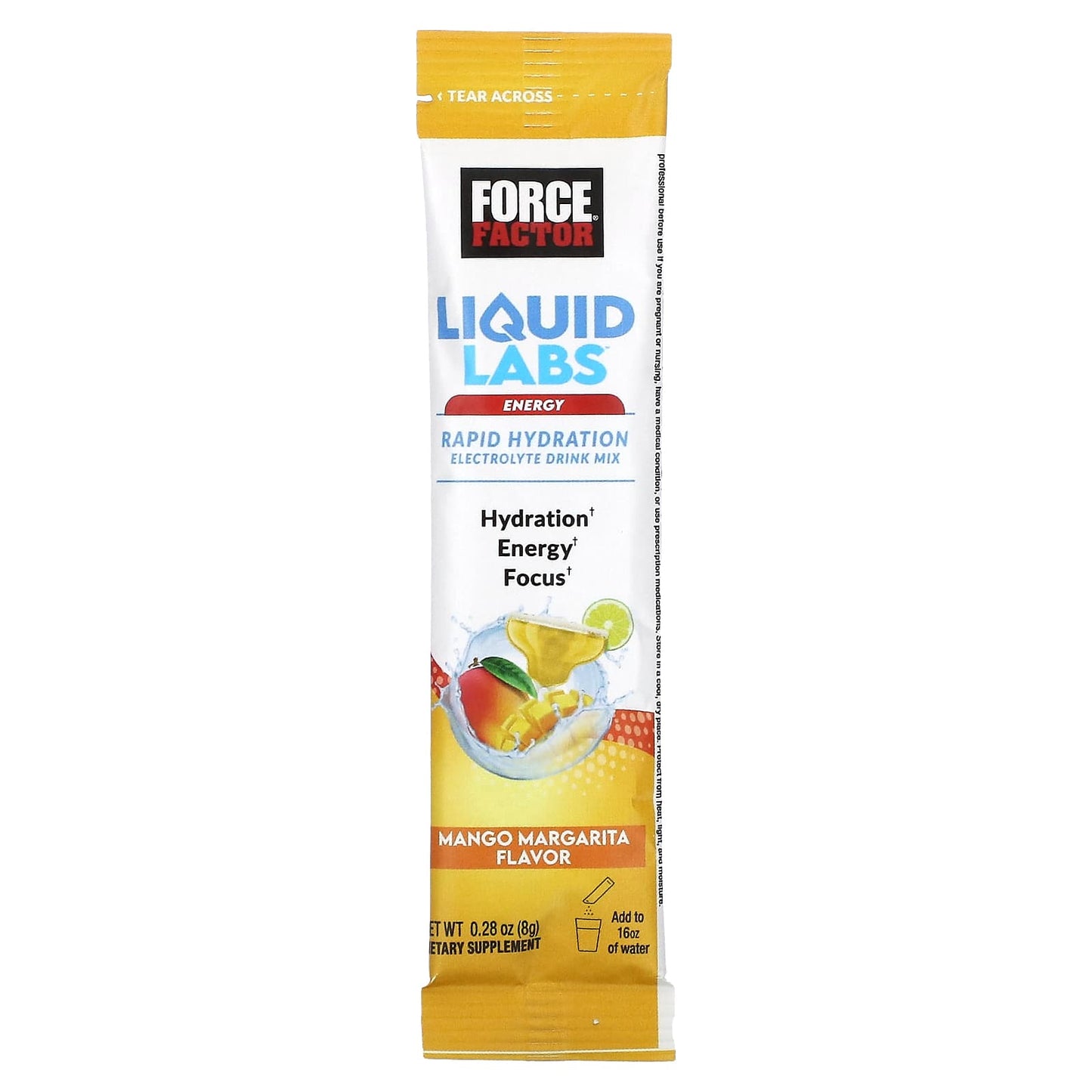 Force Factor, Liquid Labs Energy, Rapid Hydration Electrolyte Drink Mix, Mango Margarita, 20 Stick Packs, 0.28 oz (8 g) Each