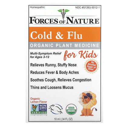 Forces of Nature-Organic Plant Medicine-Cold & Flu-For Kids Ages 3-12-Lemon-0.34 fl oz (10 ml)