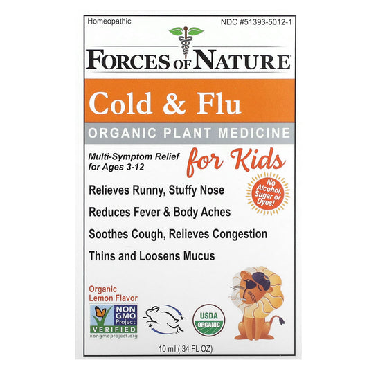 Forces of Nature-Organic Plant Medicine-Cold & Flu-For Kids Ages 3-12-Lemon-0.34 fl oz (10 ml)