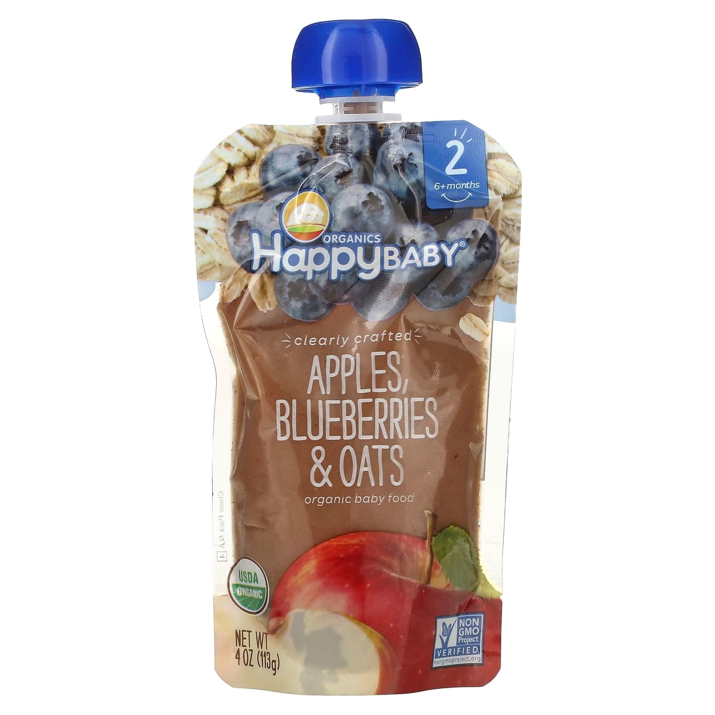 Happy Family Organics-Happy Baby-Organic Baby Food-6+ Months-Apples-Blueberries-& Oats-4 oz (113 g)