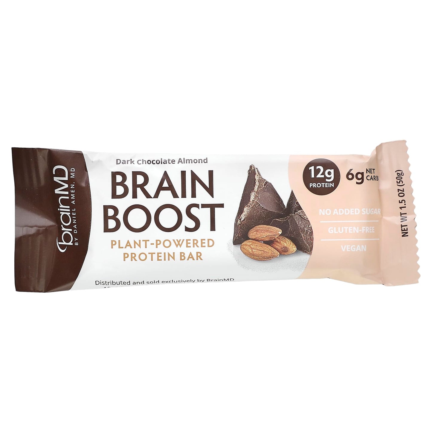 BrainMD, Brain Boost, Plant-Powered Protein Bar, Dark Chocolate Almond, 10 Bars, 1.5 oz (50 g) Each