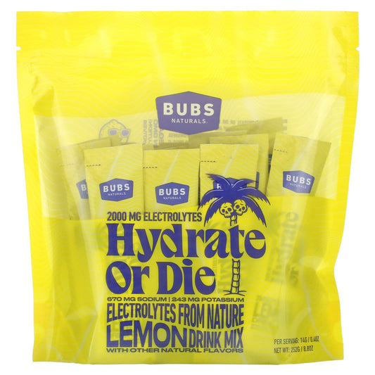 BUBS Naturals-Hydrate or Die-Electrolyte Drink Mix-Lemon-18 Sticks-0.4 oz (14 g) Each