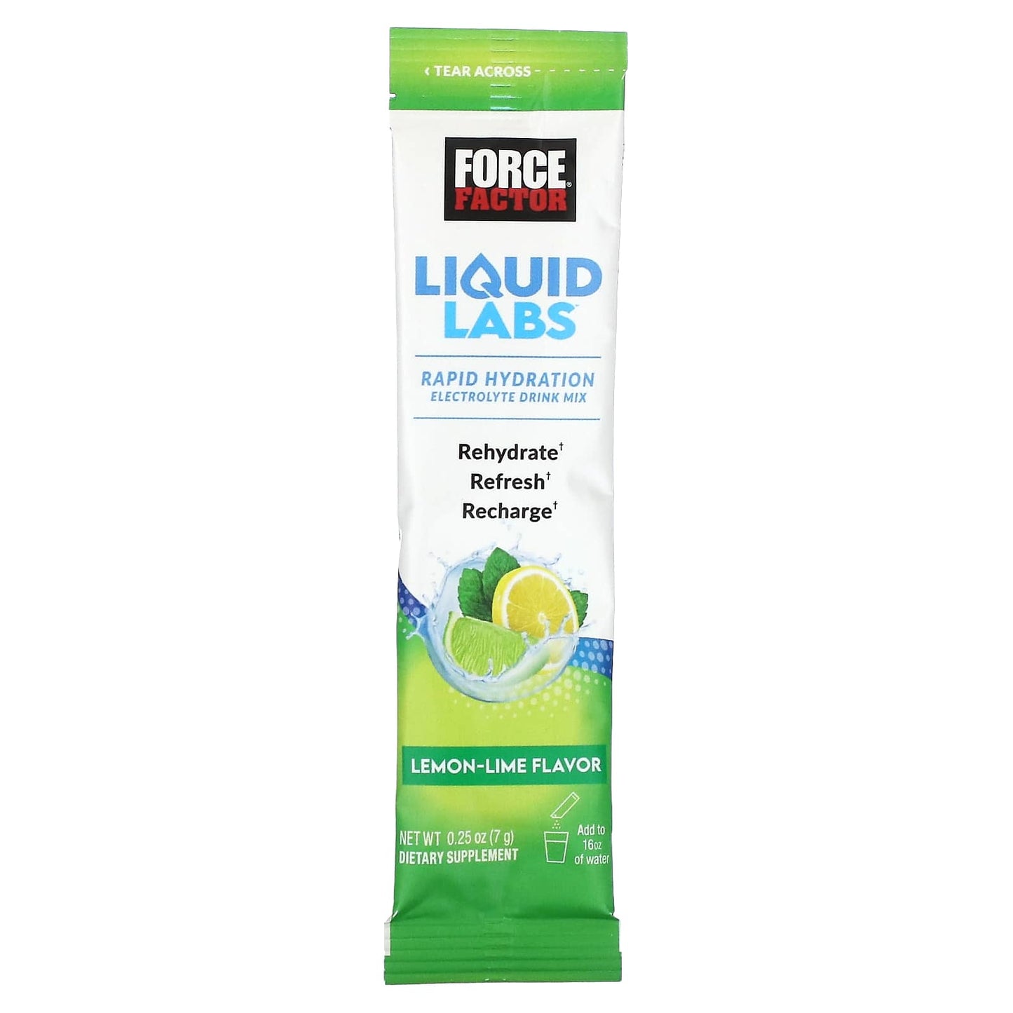 Force Factor, Liquid Labs, Rapid Hydration Electrolyte Drink Mix, Lemon-Lime, 20 Stick Packs, 0.25 oz (7 g) Each