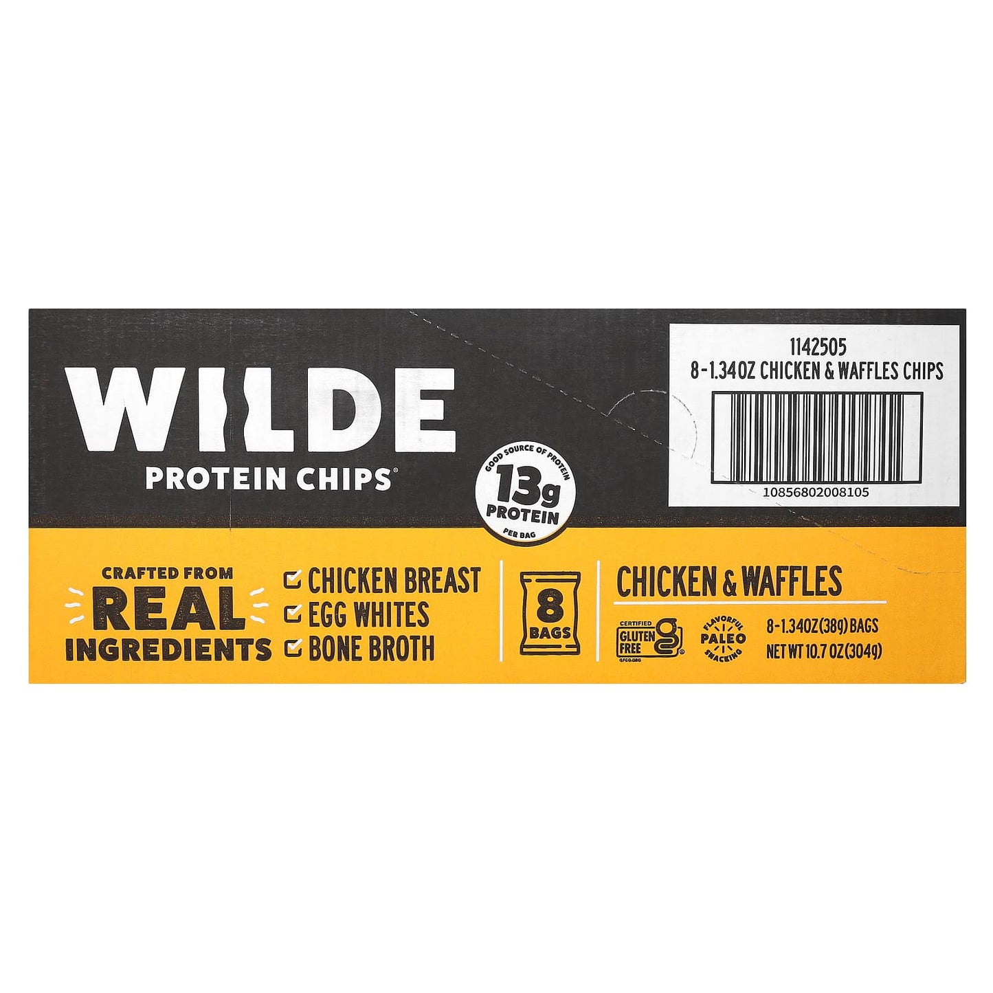 Wilde Brands, Protein Chips, Chicken & Waffles, 8 Bags, 1.34 oz (38 g) Each