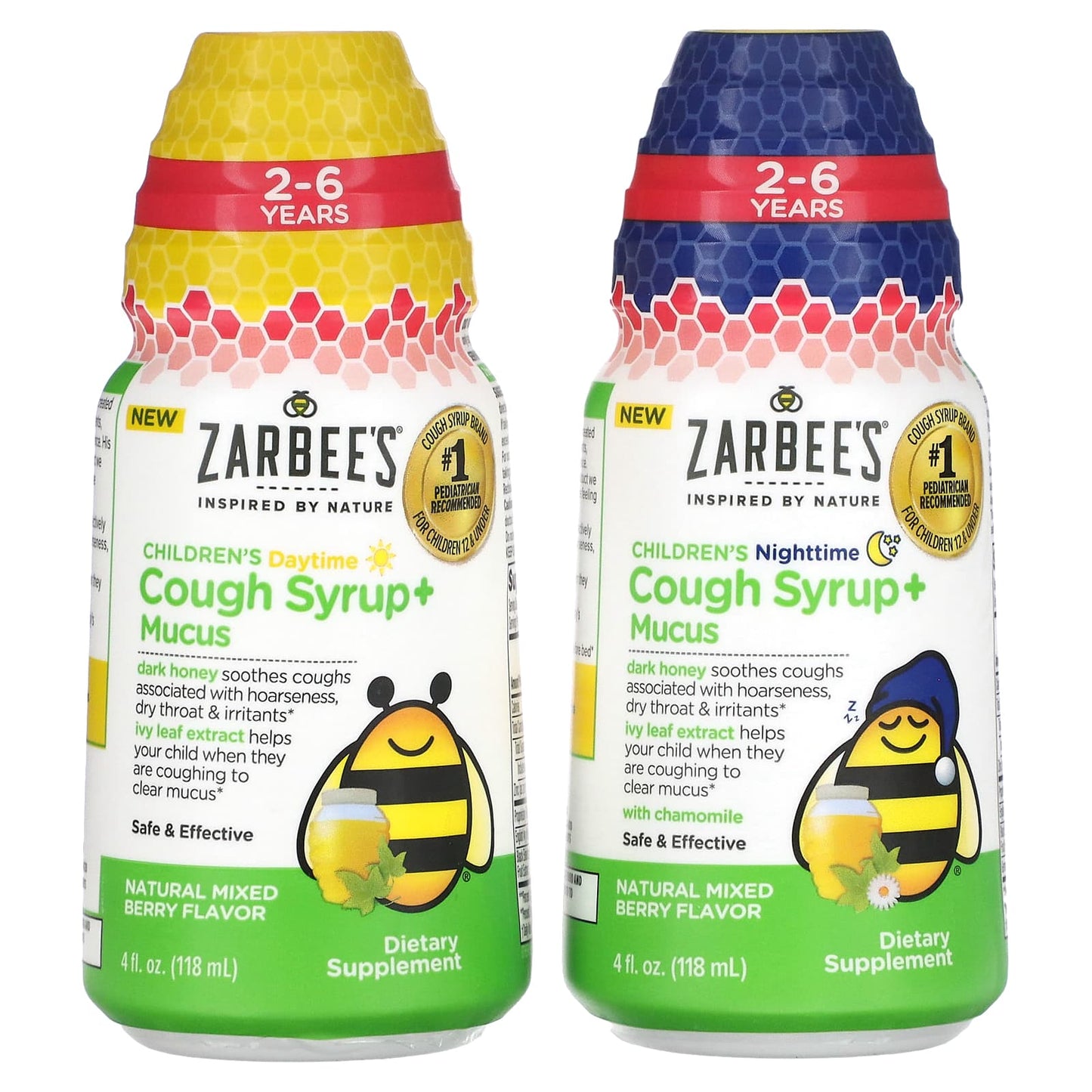 Zarbee's, Children's Cough Syrup + Mucus, Dark Honey, Daytime & Night Value Pack, 2-6 Years, Natural Mixed Berry, 4 fl oz (118 ml) Each