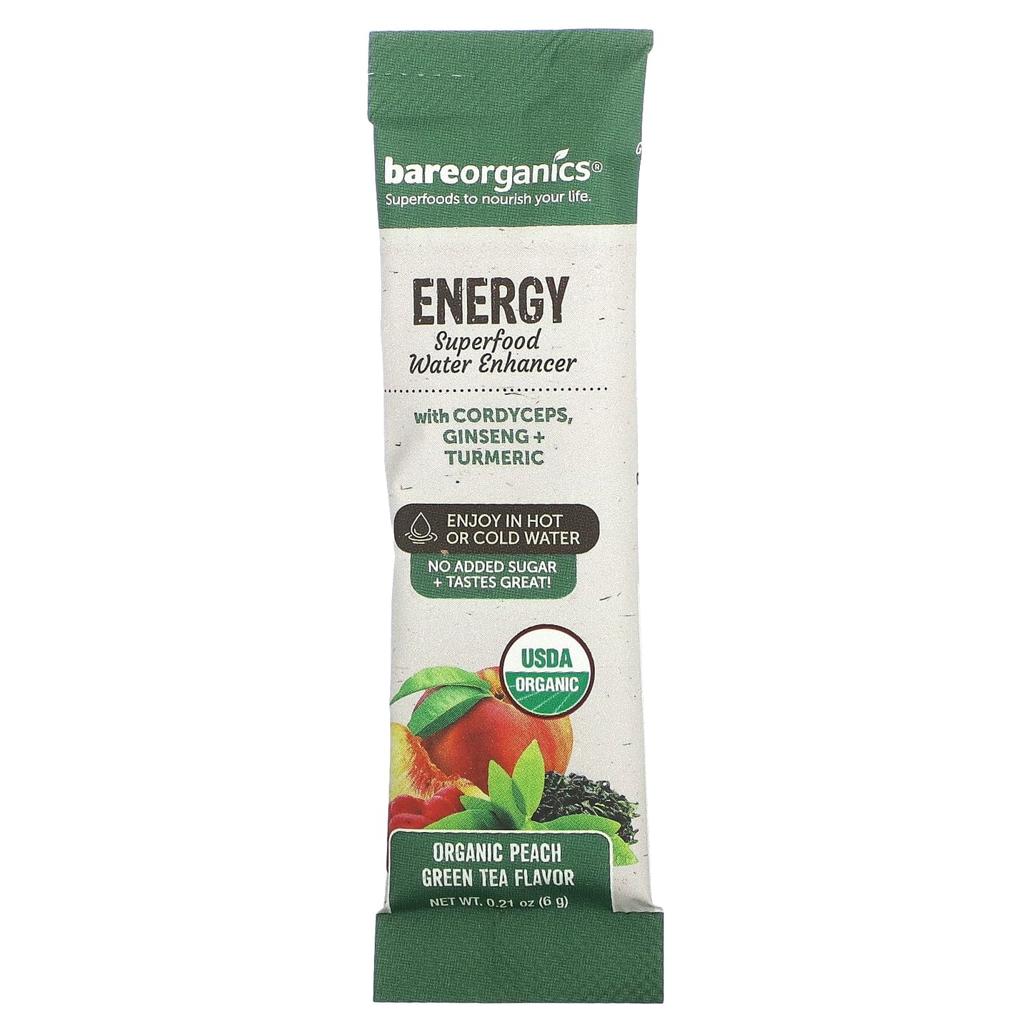 BareOrganics, Energy, Superfood Water Enhancer, Organic Peach Green Tea, 5 Stick Packets, 0.21 oz (6 g) Each