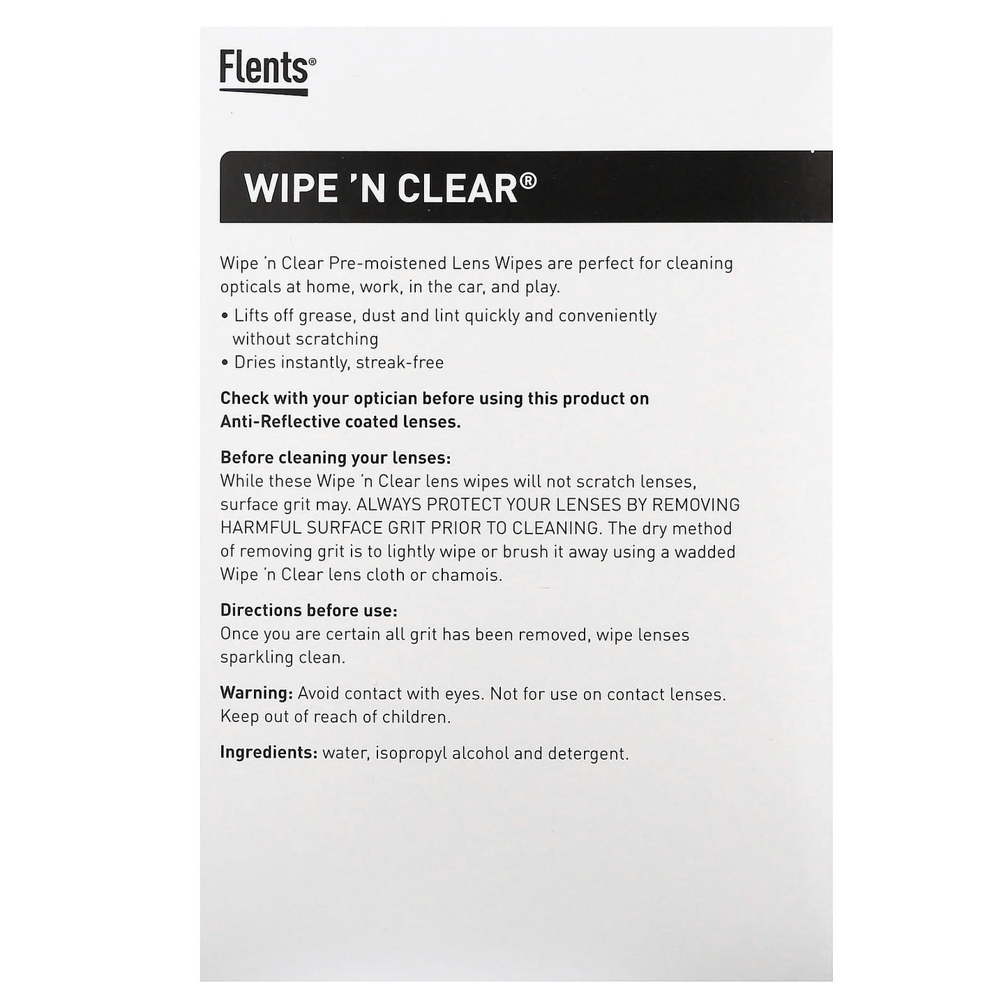 Flents, Wipe 'N Clear, Pre-Moistened Lens Wipes, 100 Wipes