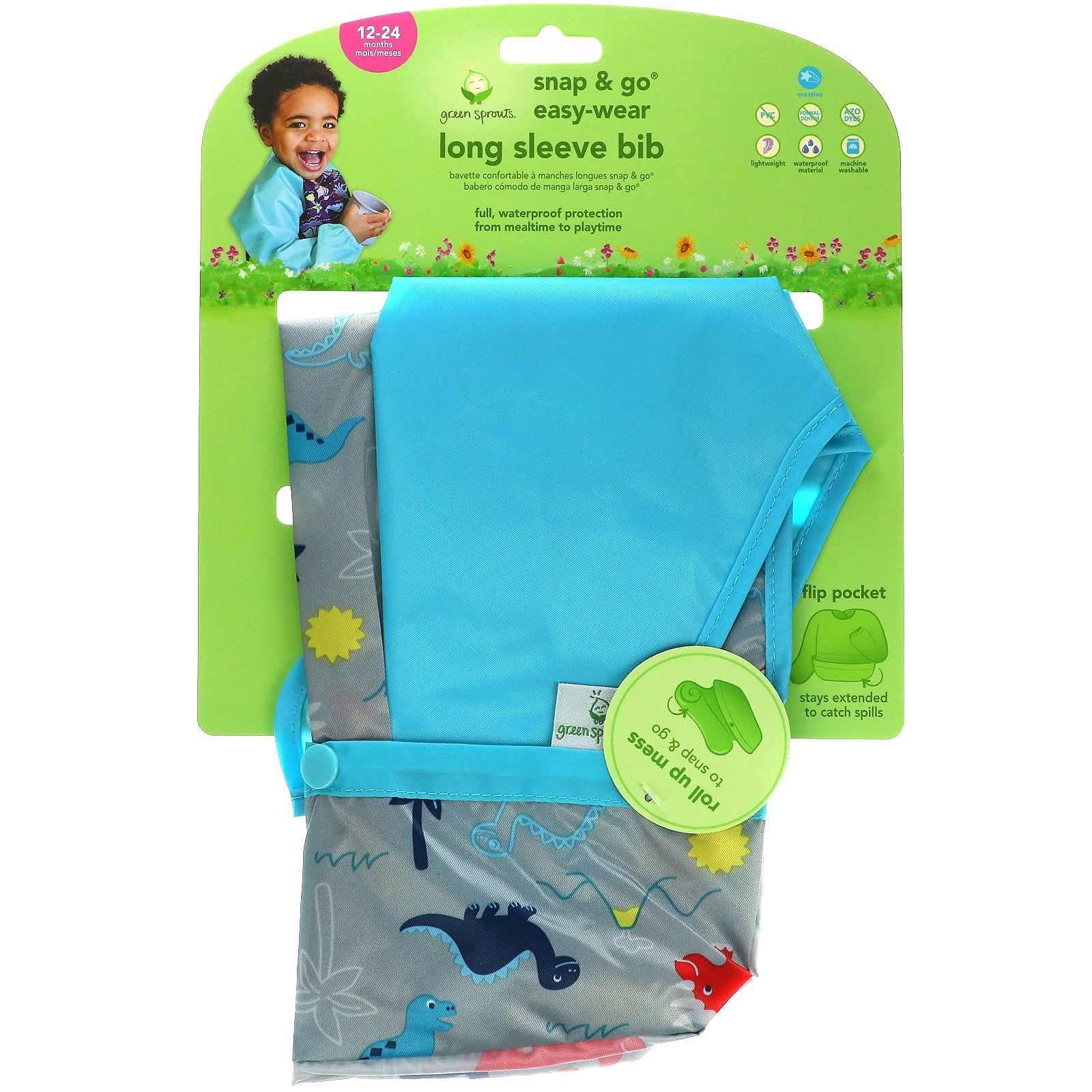 Green Sprouts-Snap & Go Easy Wear Long Sleeve Bib-12-24 Months-Aqua Dinosaur-1 Count