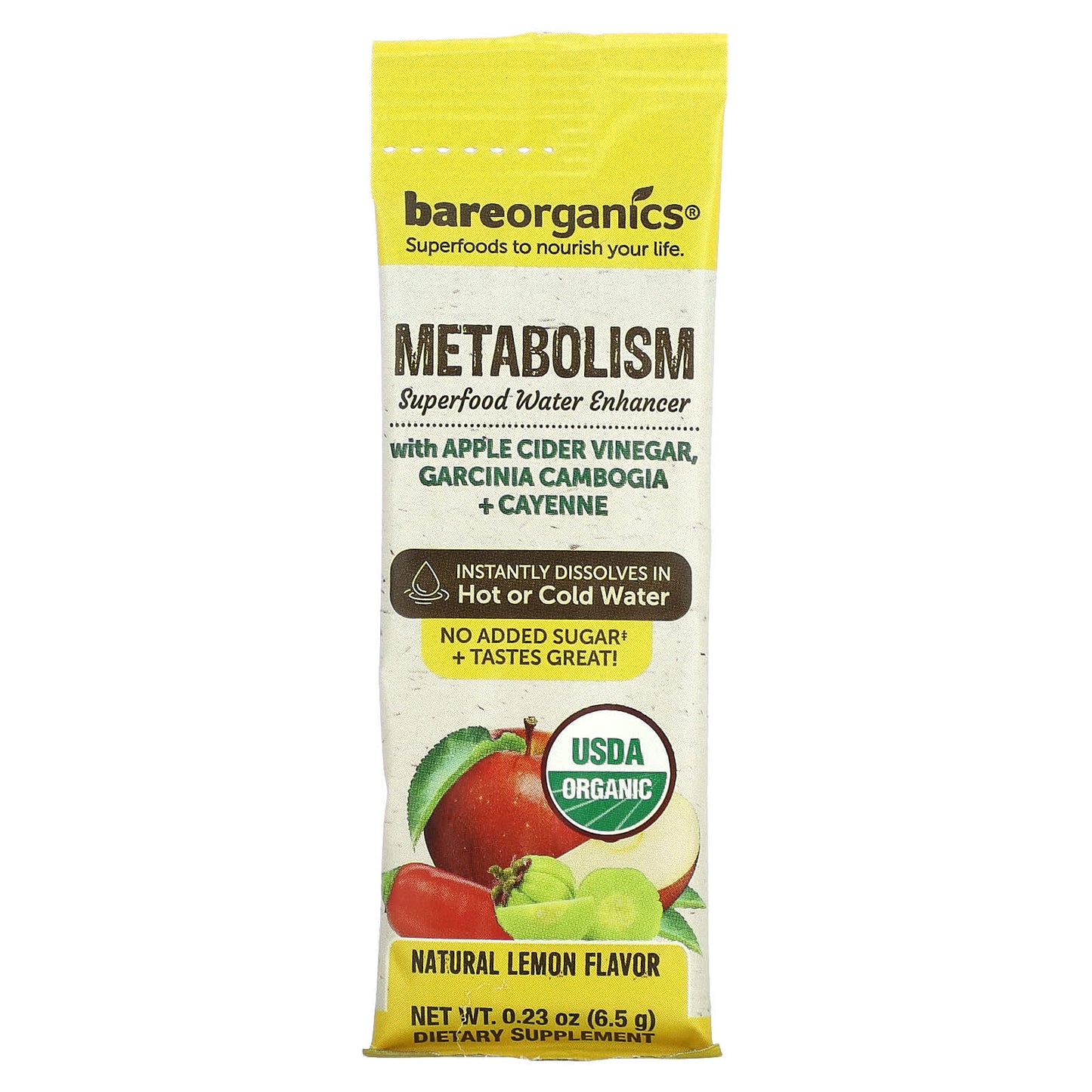 BareOrganics, Metabolism, Superfood Water Enhancer, Natural Lemon, 5 Stick Packets, 0.23 oz (6.5 g) Each