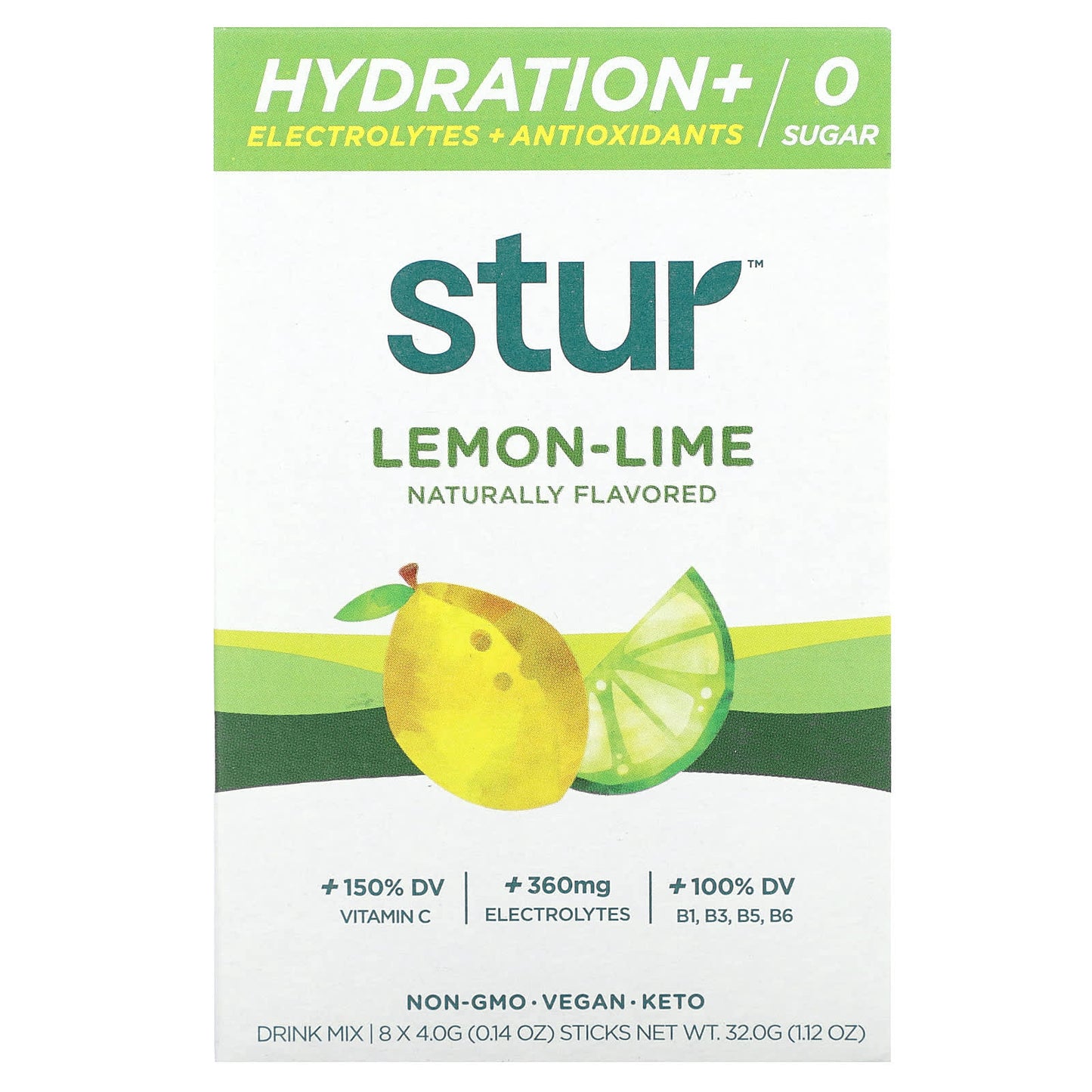 Stur-Hydration + Electrolytes + Antioxidants Drink Mix-Lemon-Lime-8 Sticks-0.14 oz (4 g) Each