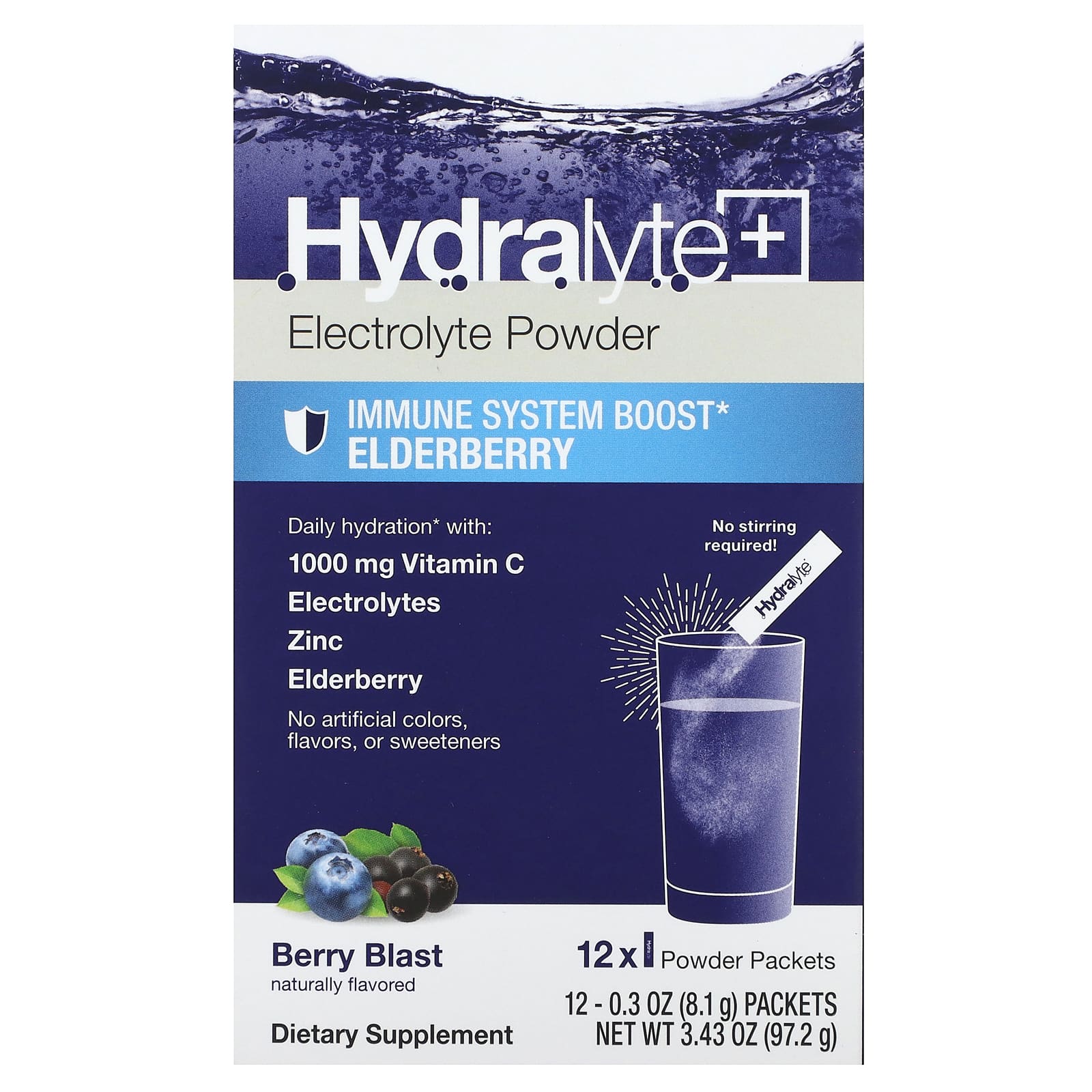 Hydralyte-Electrolyte Powder-Immune System Boost with Elderberry-Berry Blast-12 Packets-0.3 oz (8.1 g) Each