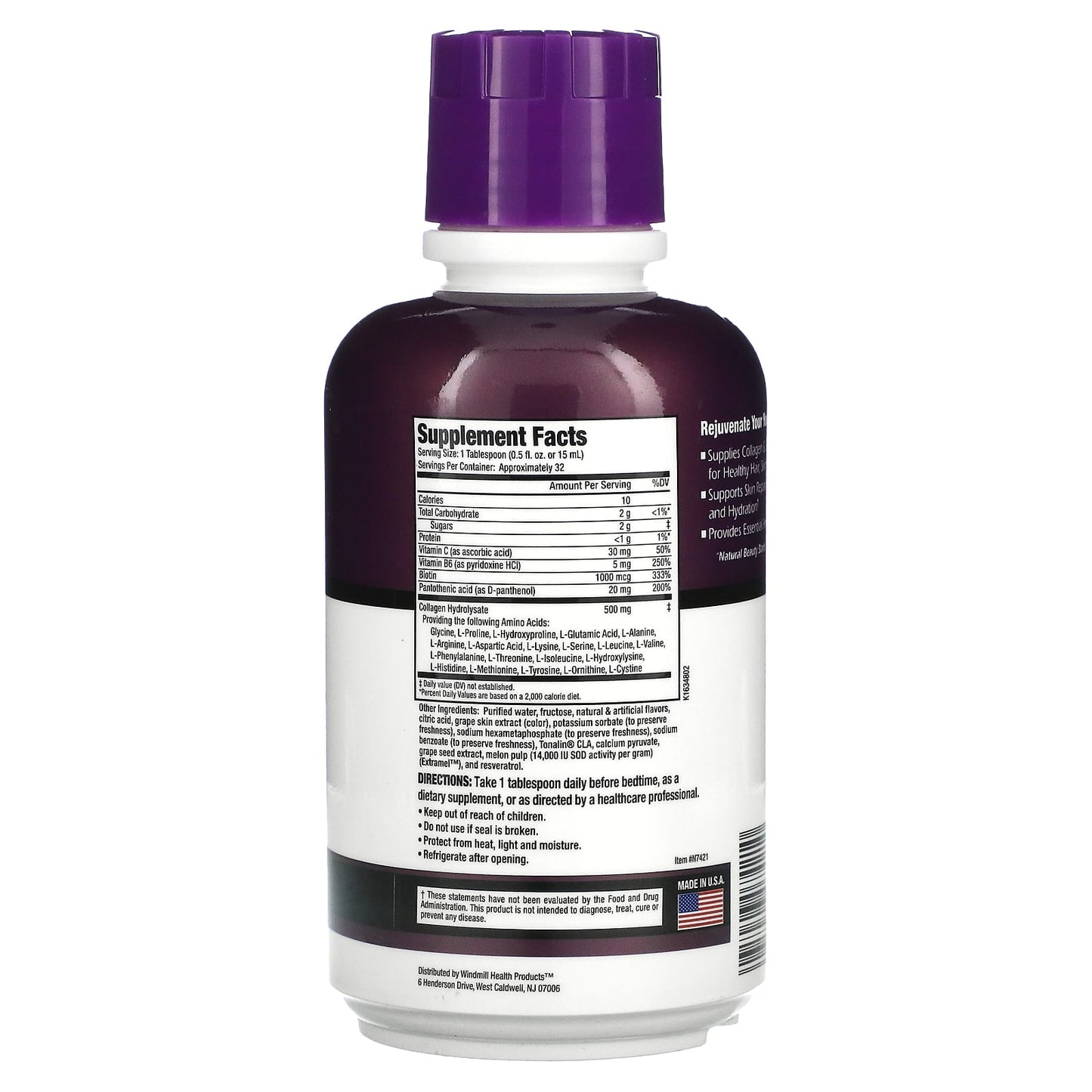 Rejuvicare, Collagen Beauty Formula, Liquid Collagen Complex, Healthy Hair, Skin & Nails, Grape, 16 fl oz (480 ml)