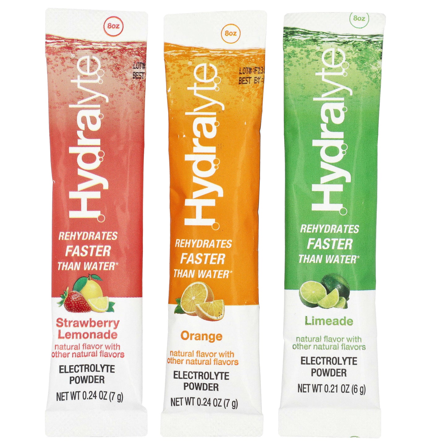 Hydralyte, Fizzy Electrolyte Powder, Variety Pack, Orange, Strawberry Lemonade, Limeade, 30 Individual Packets