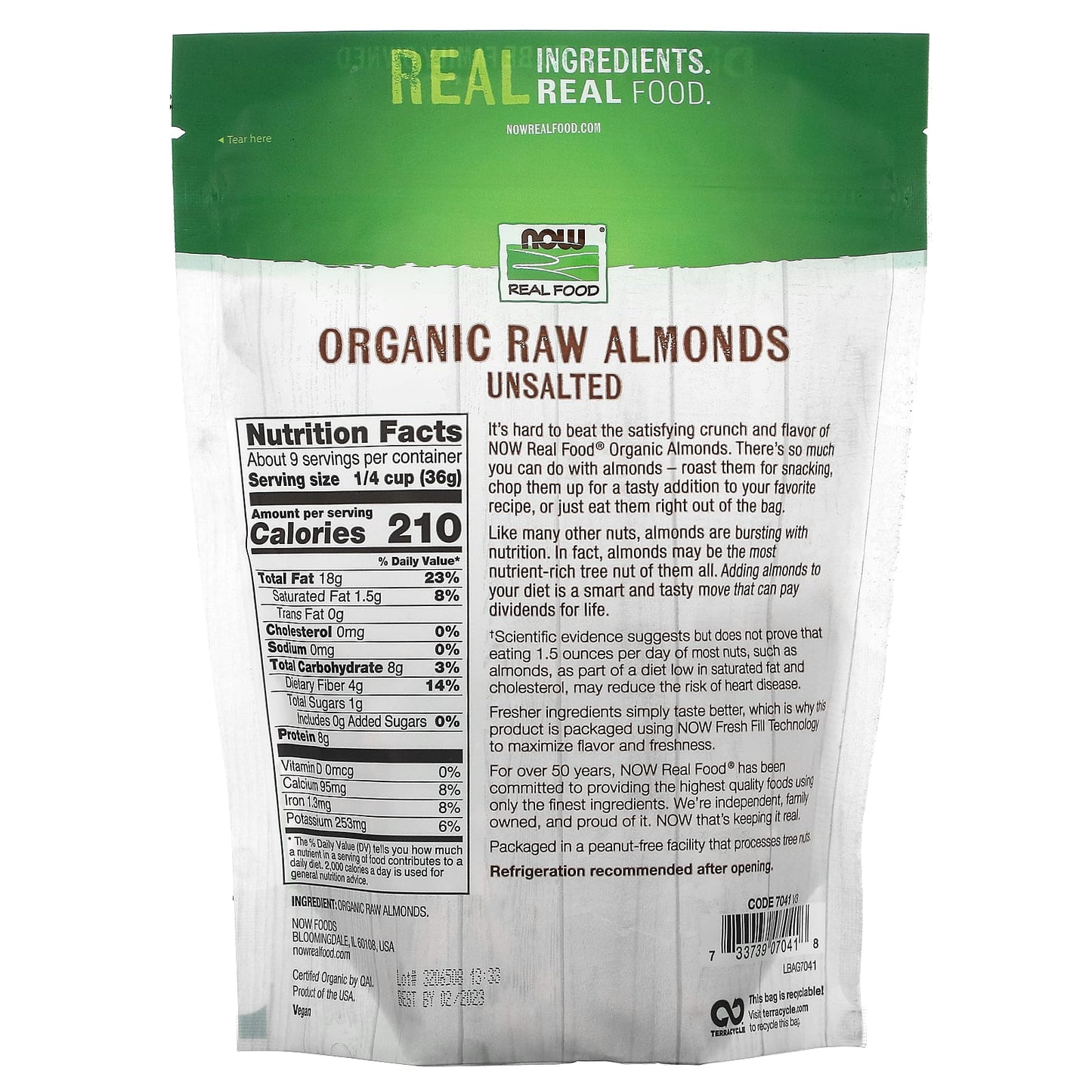 NOW Foods, Real Food, Organic Raw Almonds, Unsalted, 12 oz (340 g)