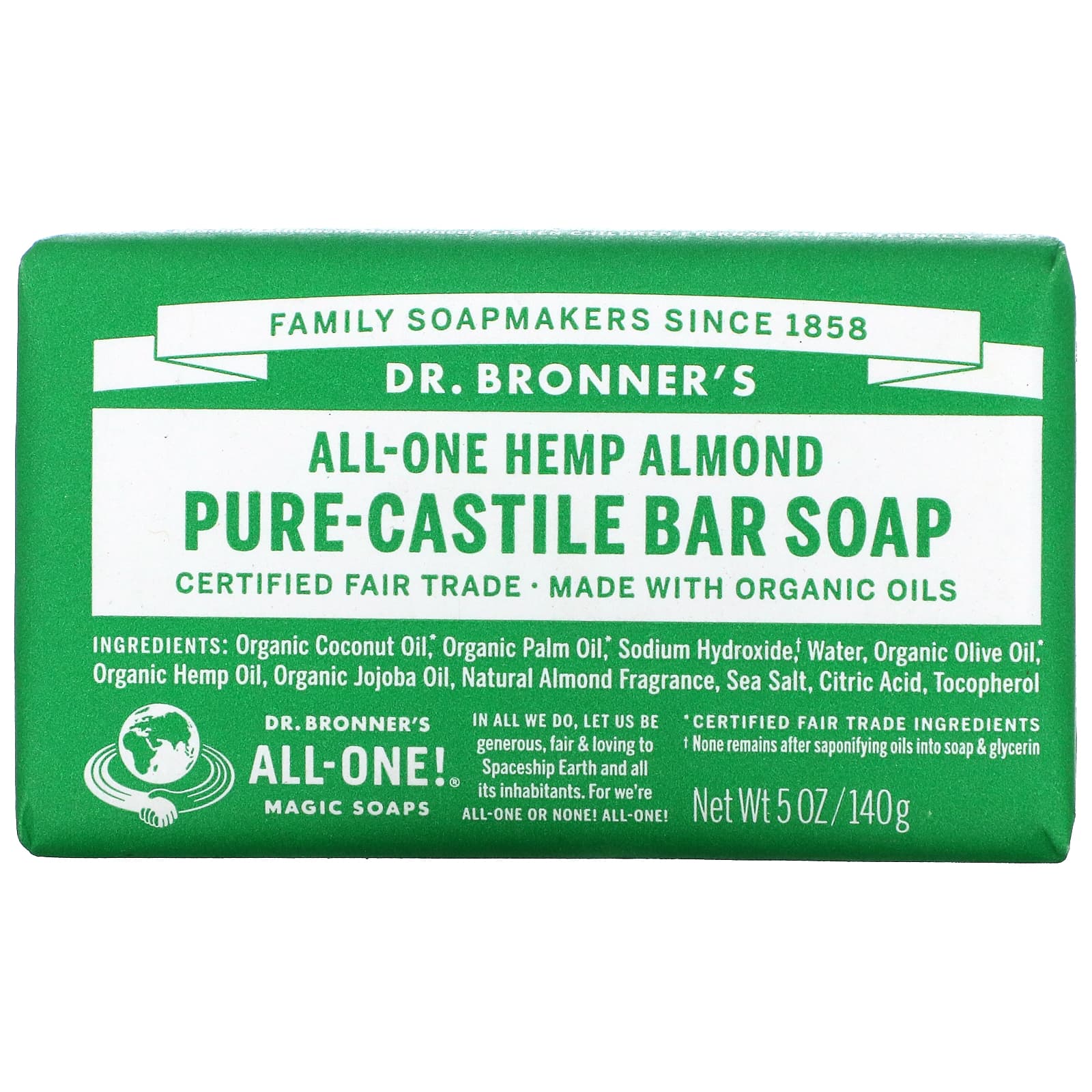 Dr. Bronner's-Pure Castile Bar Soap-All-One Hemp-Almond-5 oz (140 g)