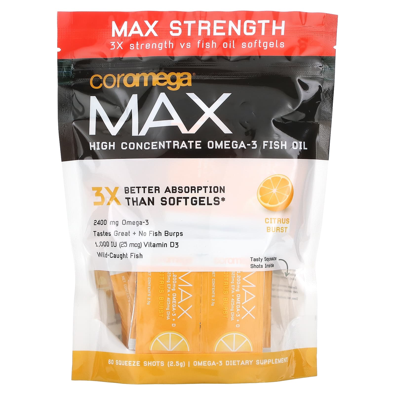 Coromega-Max-High Concentrate Omega-3 Fish Oil-Citrus Burst-60 Squeeze Shots-(2.5 g) Each