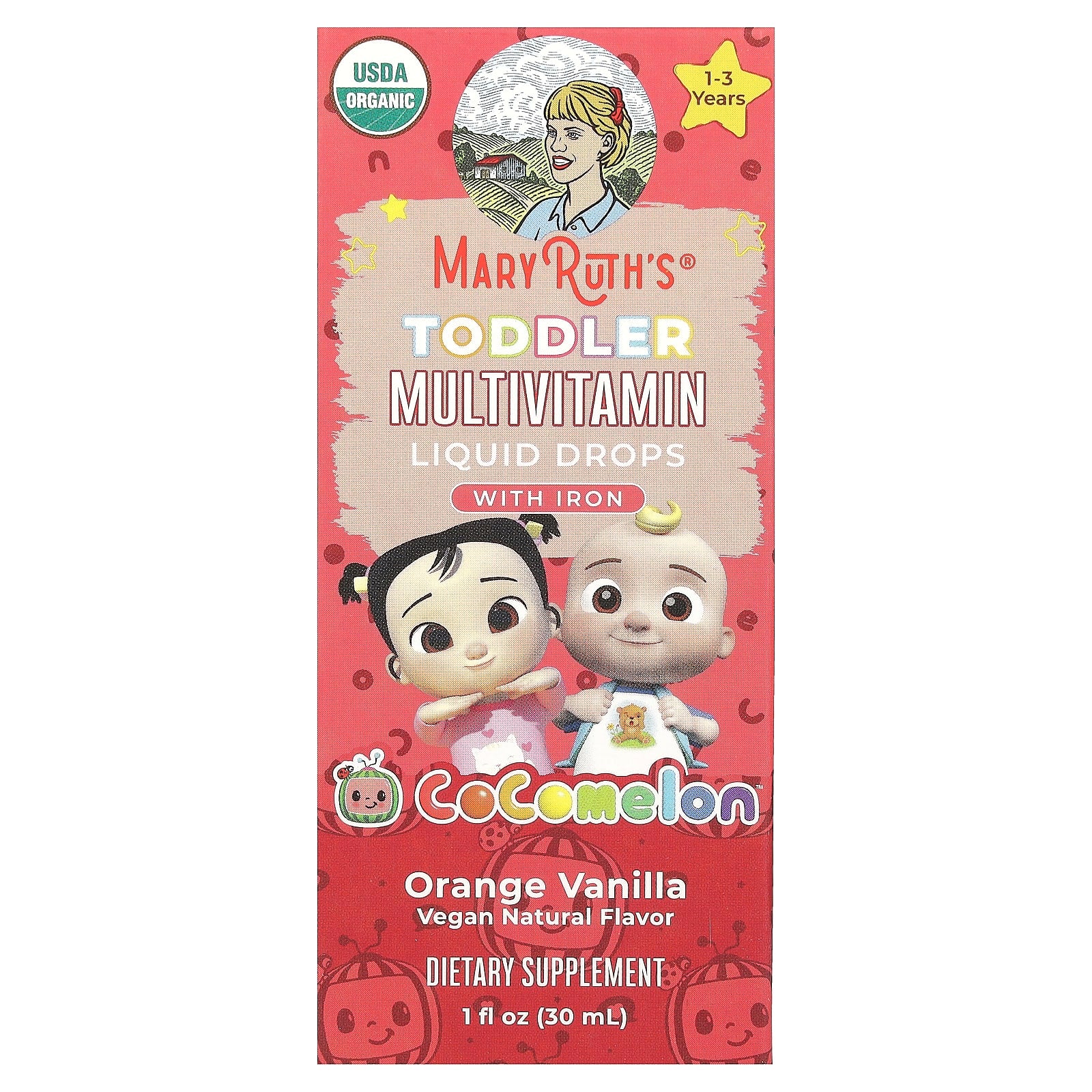 MaryRuth's-Cocomelon-Toddler Multivitamin-Liquid Drops With Iron-1 - 3 Years-Orange Vanilla-1 fl oz (30 ml)