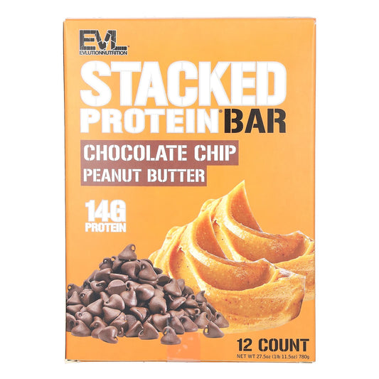 EVLution Nutrition-Stacked Protein Bar-Chocolate Chip Peanut Butter-12 Bars-2.29 oz (65 g) Each