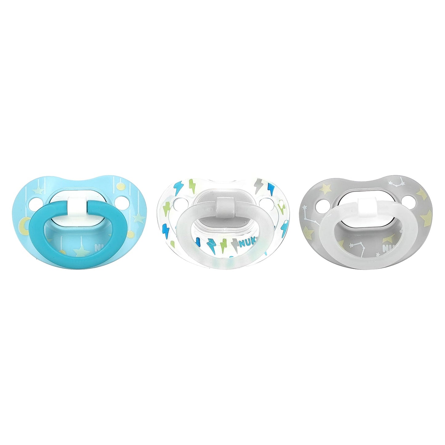 NUK, Glow in the Dark Orthodontic Pacifier, 6-18 Months, Lightning Bolts and Stars, 3 Value Pack