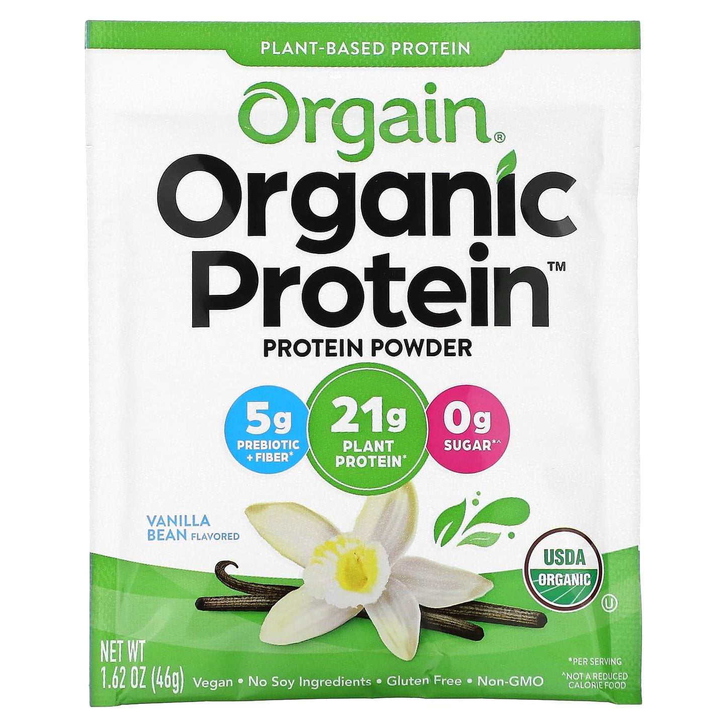 Orgain, Organic Protein Powder, Plant-Based, Vanilla Bean, 10 Packets, 1.62 oz (46 g) Each