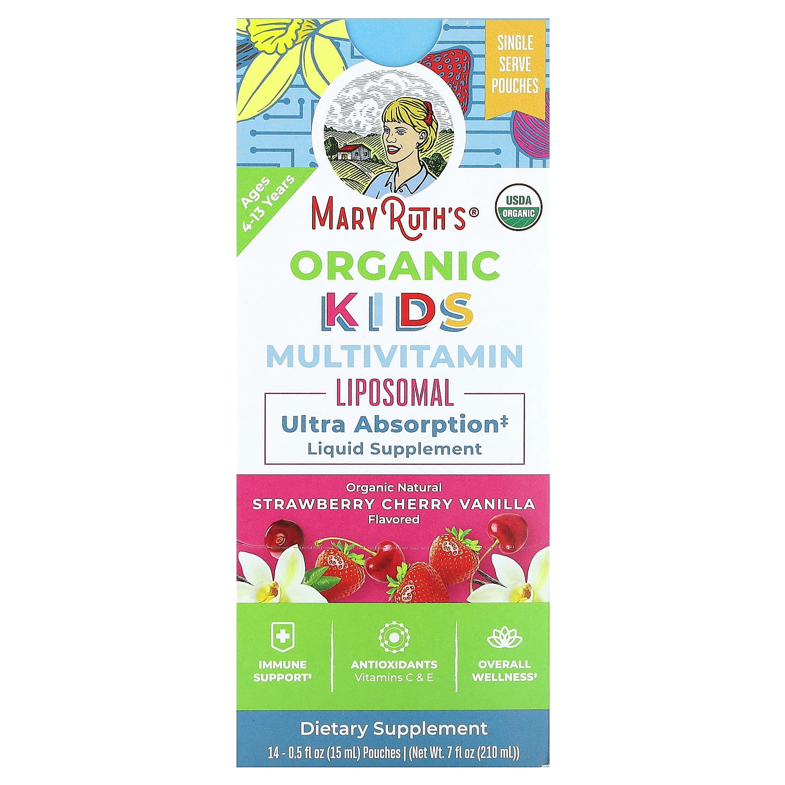 MaryRuth's-Organic Kids Multivitamin Liposomal-Ages 4-13 Years-Strawberry-Cherry-Vanilla-14 Pouches-0.5 fl oz (15 ml) Each