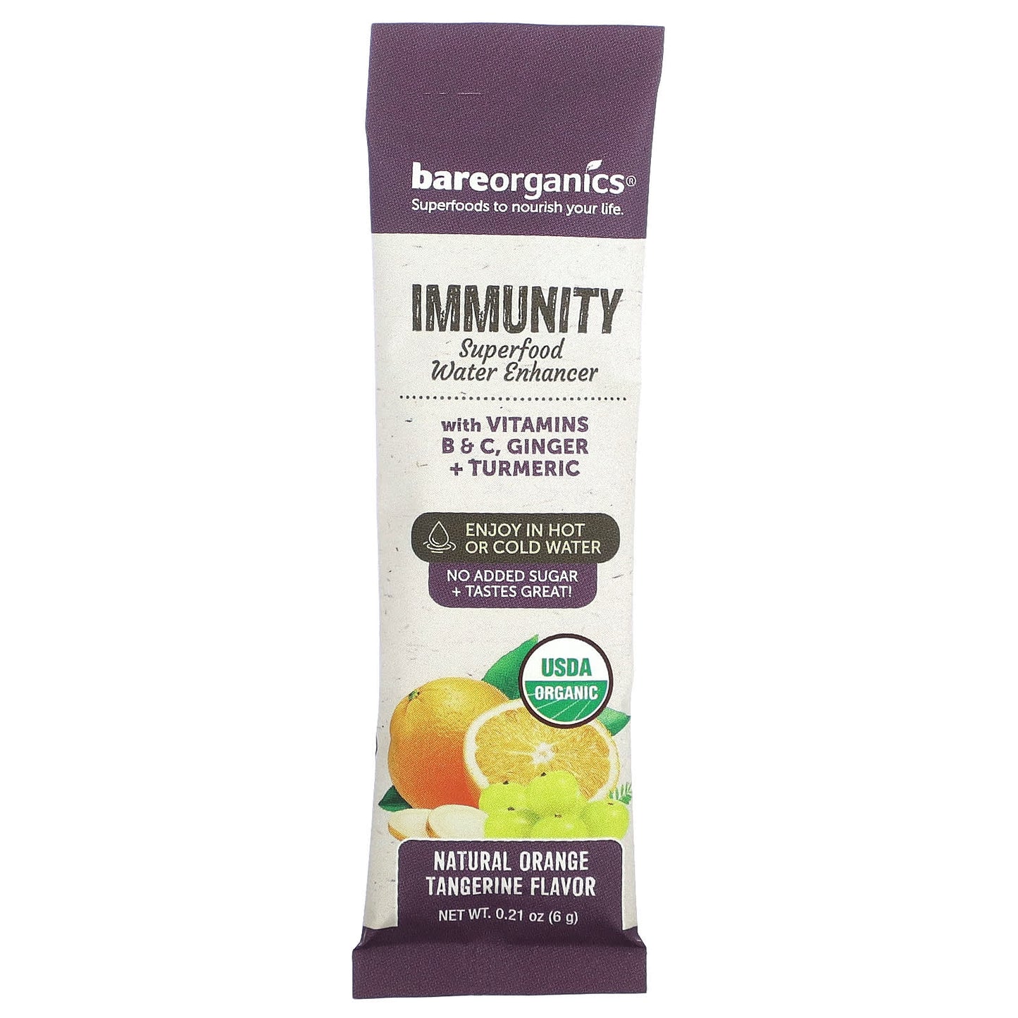 BareOrganics, Immunity, Superfood Water Enhancer, Organic Orange Tangerine, 5 Stick Packets, 0.21 oz (6 g) Each