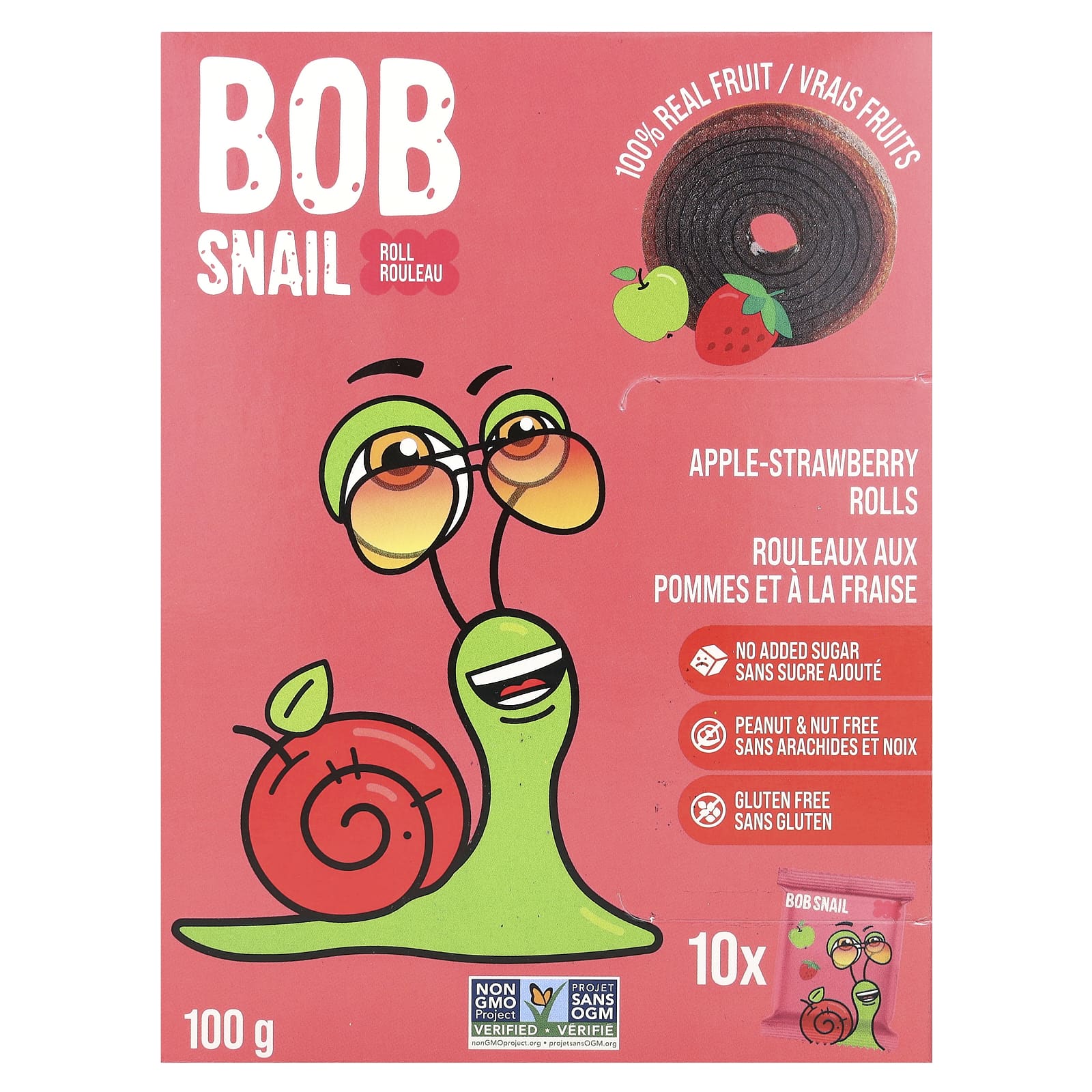 Bob Snail-Fruit Rolls-Apple-Strawberry-10 Rolls-0.35 oz (10 g) Each