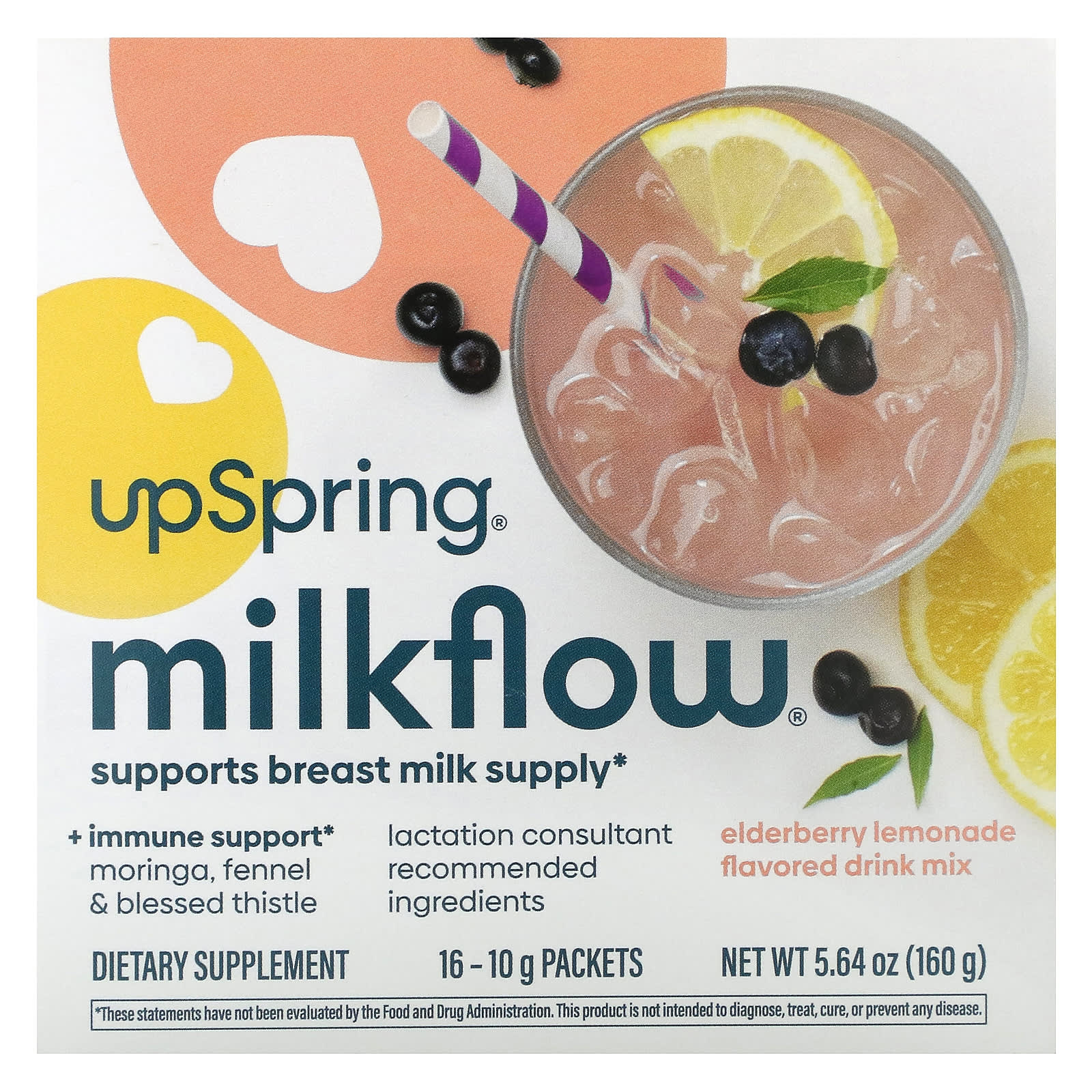 UpSpring-Milkflow Drink Mix-Elderberry Lemonade-16 Packets-10 g Each