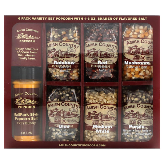 Amish Country Popcorn-Variety Set Popcorn with Shaker of Flavored Salt-7 Pieces