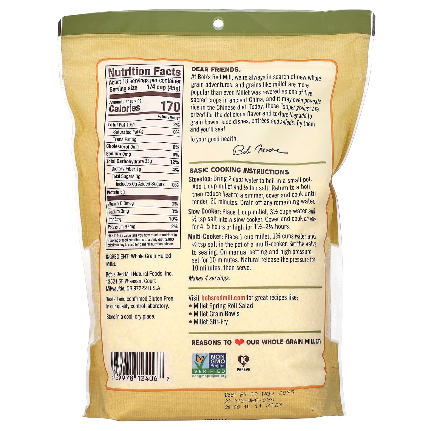 Bob's Red Mill, Millet, Whole Grain, Gluten Free, 28 oz (794 g)