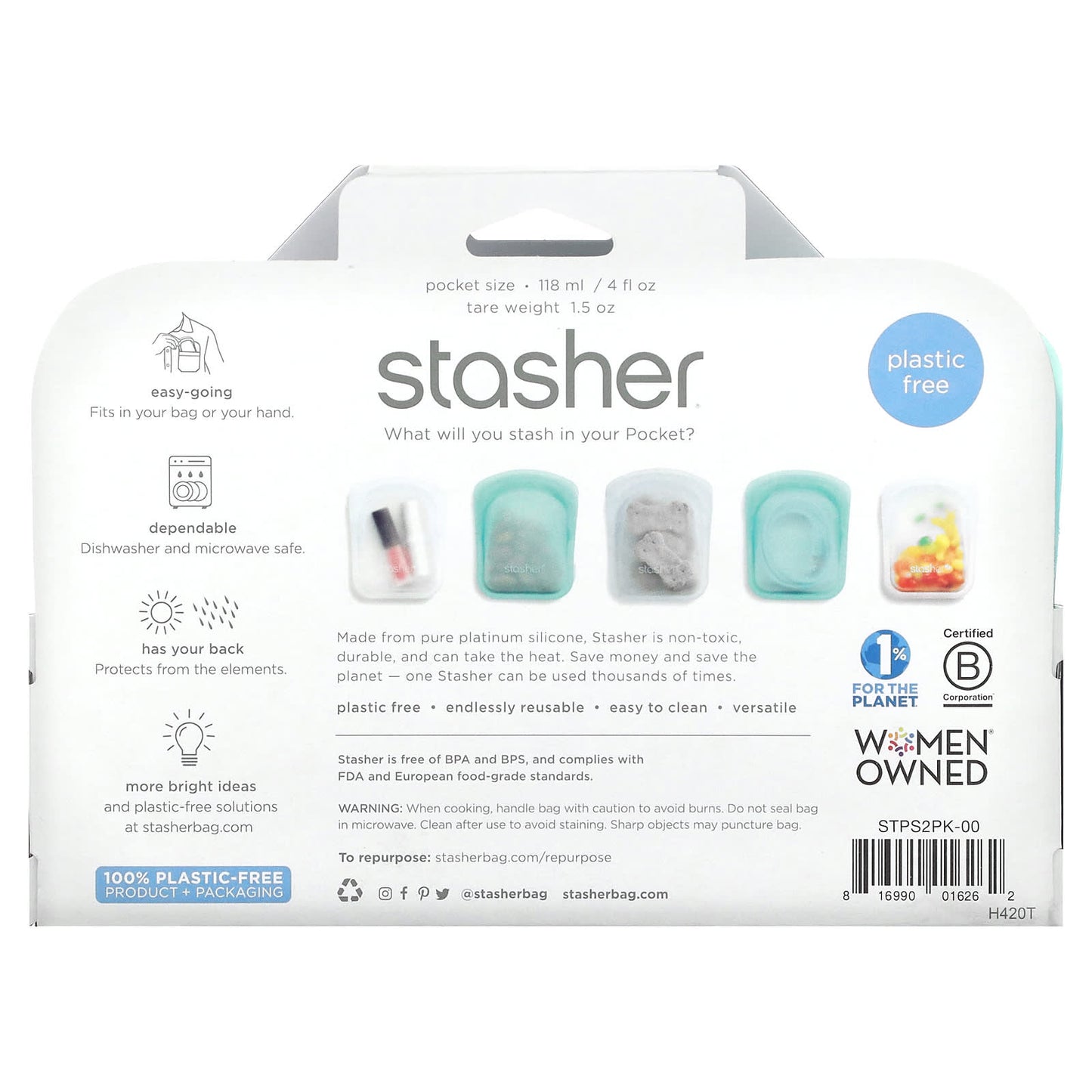 Stasher, Reusable Silicone Storage Bag, Pocket Size, Clear & Aqua, 2 Pack, 4 oz (42 g) Each