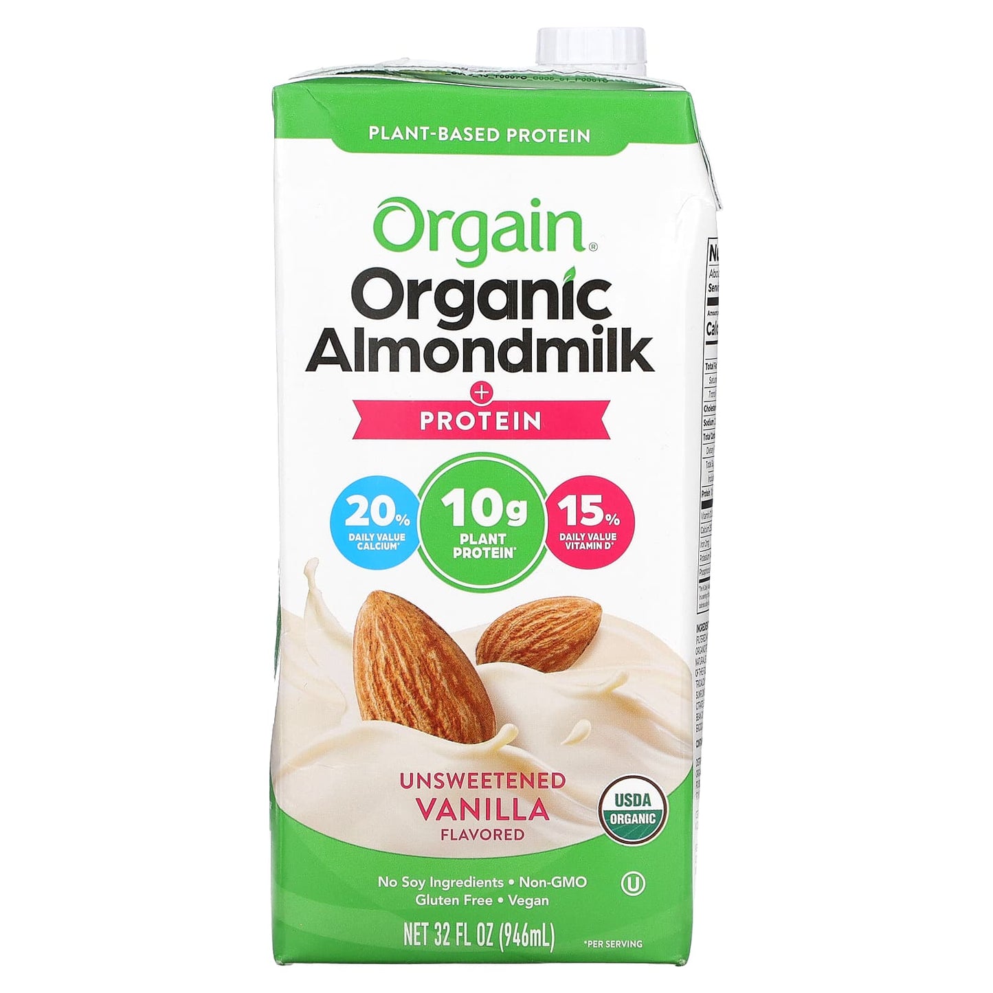 Orgain-Organic Almondmilk  + Protein-Plant-Based-Unsweetened Vanilla-32 fl oz (946 ml)