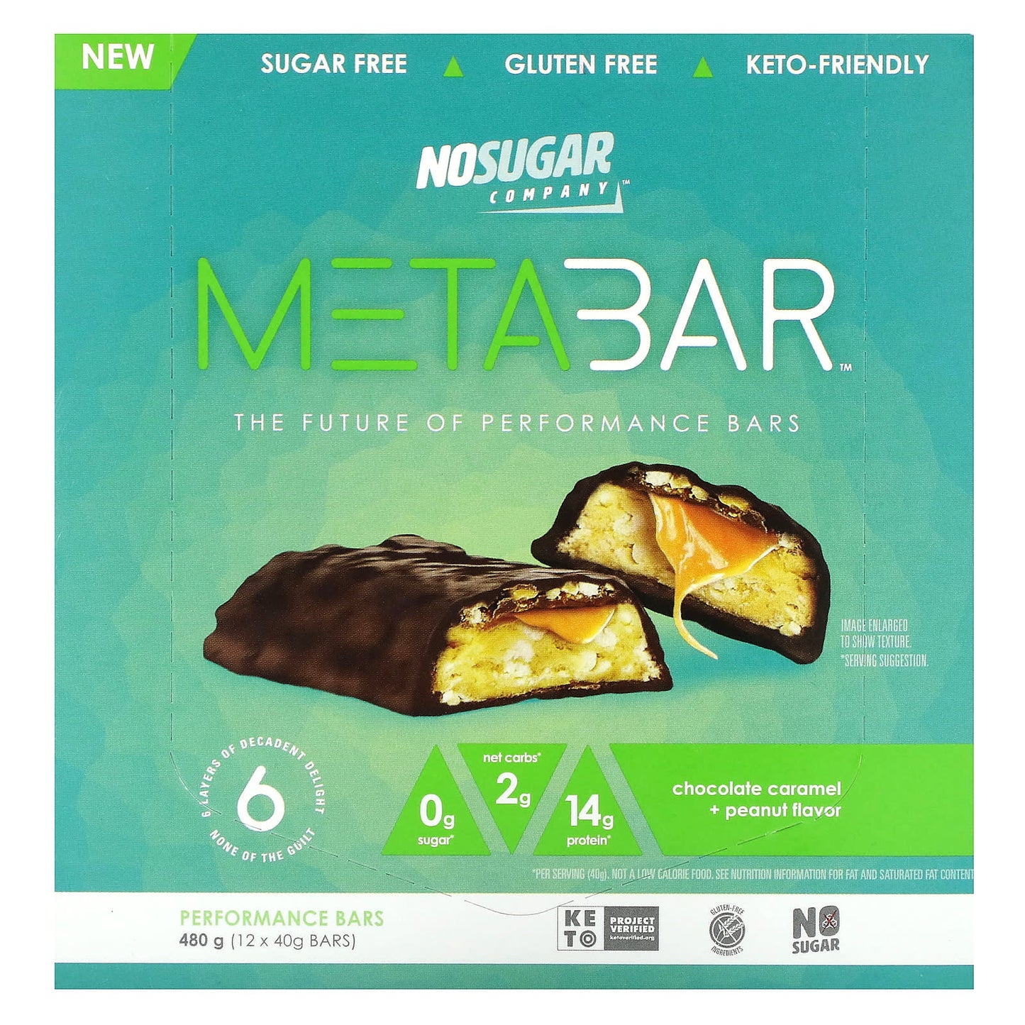 No Sugar Company-MetaBar-Chocolate Caramel + Peanut-12 Bars-1.41 oz (40 g) Each