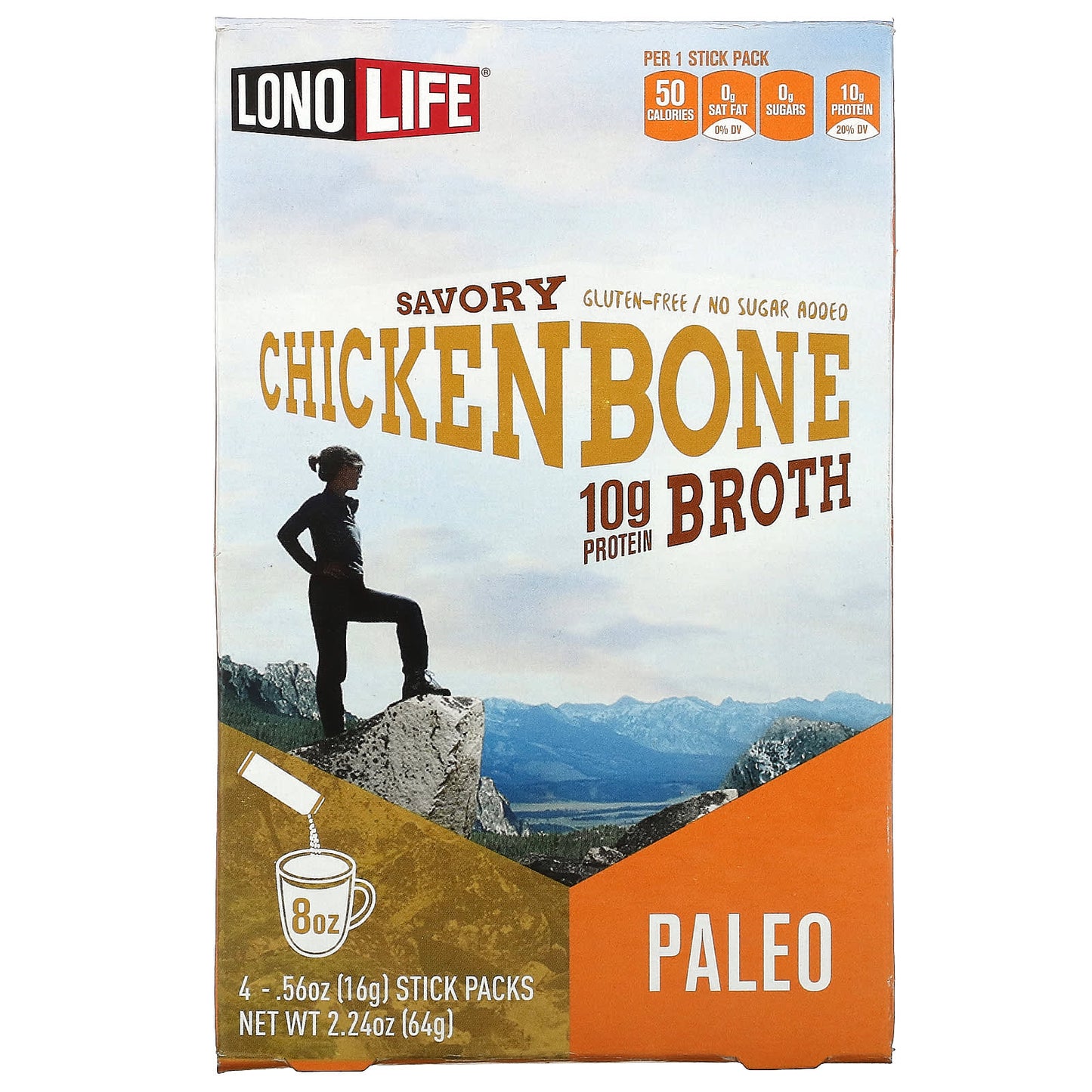 Lonolife-Broth-Chicken Bone-Paleo-4 Stick Packs-.56 oz (16 g) Each