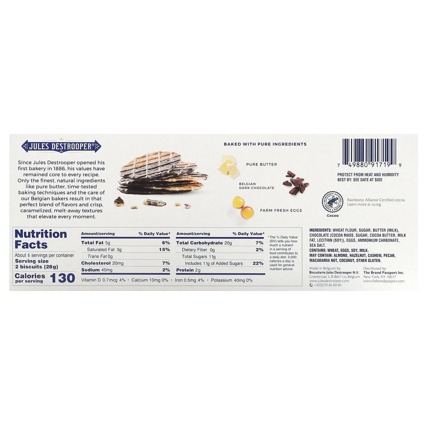 Jules Destrooper, Butter Crisps With Chocolate, 3.5 oz (100 g)