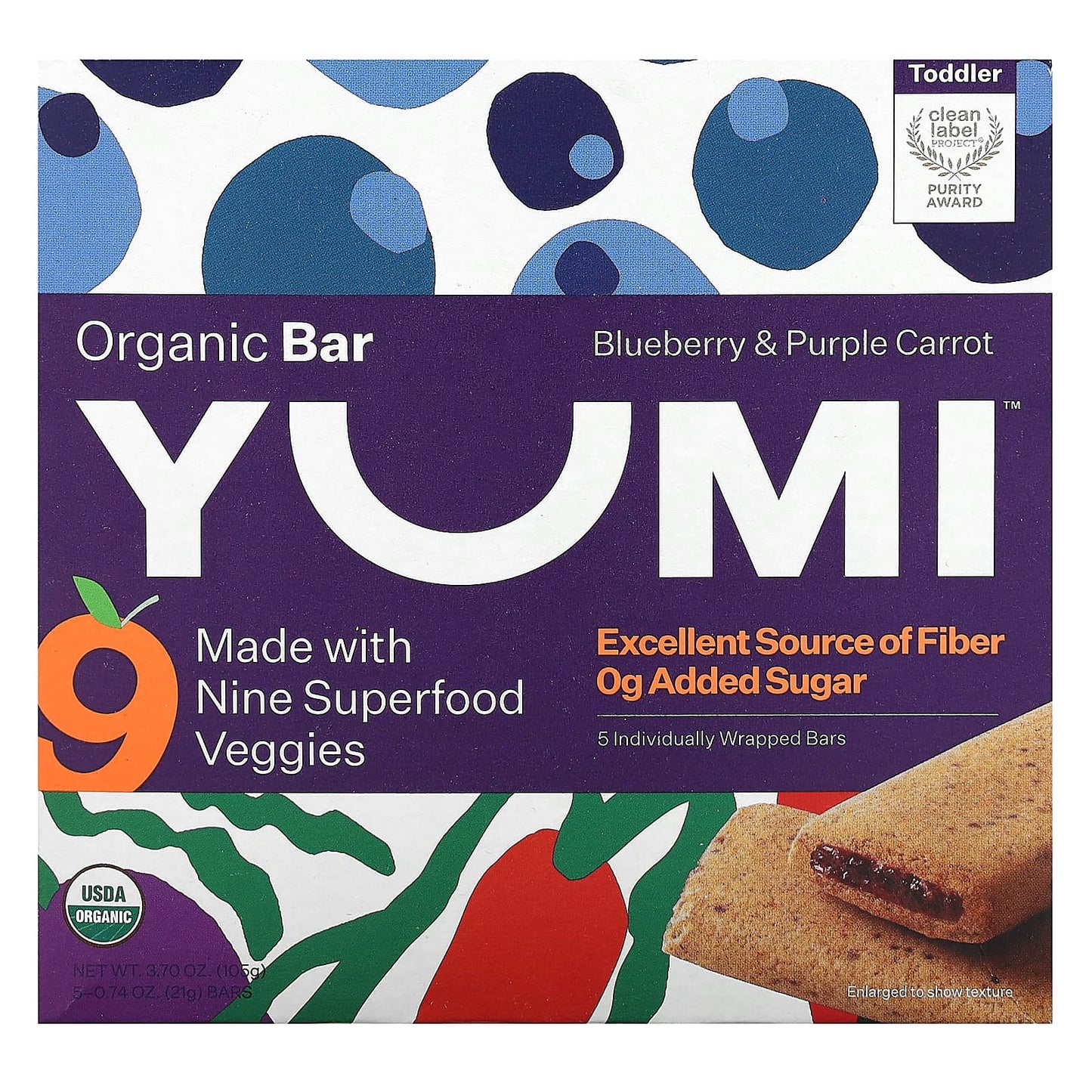 Yumi-Organic Bar-Toddler-Blueberry & Purple Carrot-5 Bars-0.74 oz (21 g) Each