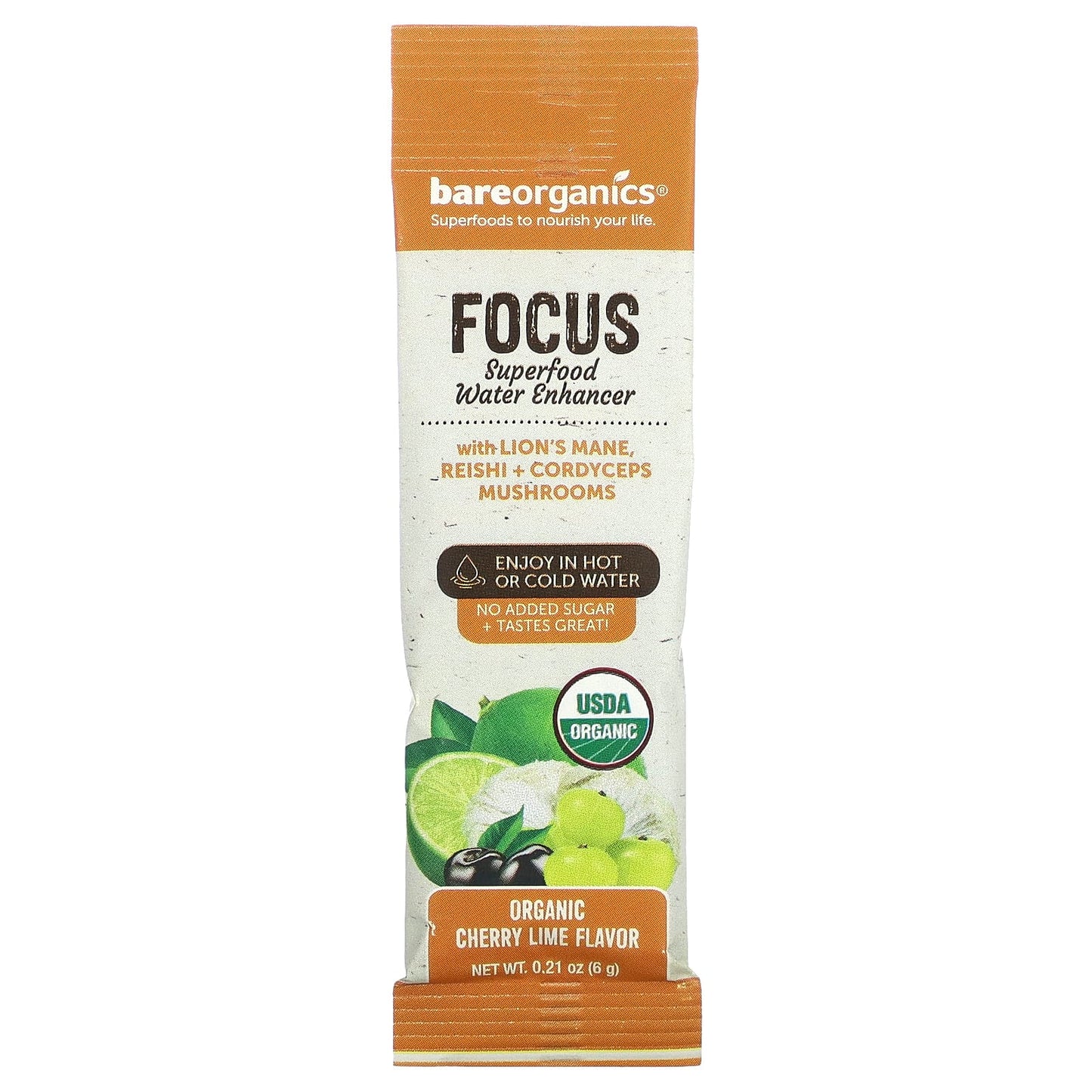 BareOrganics, Focus, Superfood Water Enhancer, Organic Cherry Lime, 5 Stick Packets, 0.21 oz (6 g) Each