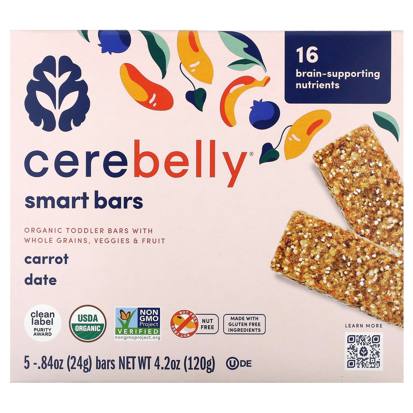 Cerebelly-Smart Bars-Organic Toddler Bars-Carrot Date-5 Bars-0.84 oz (24 g) Each