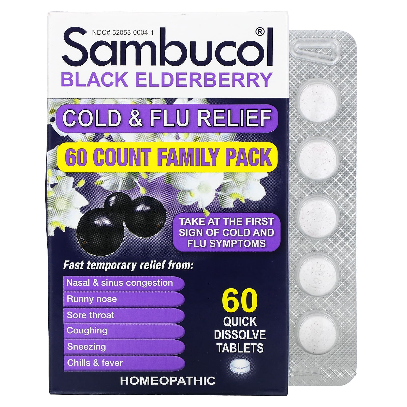 Sambucol-Black Elderberry-Cold & Flu Relief-Family Pack-60 Quick Dissolve Tablets