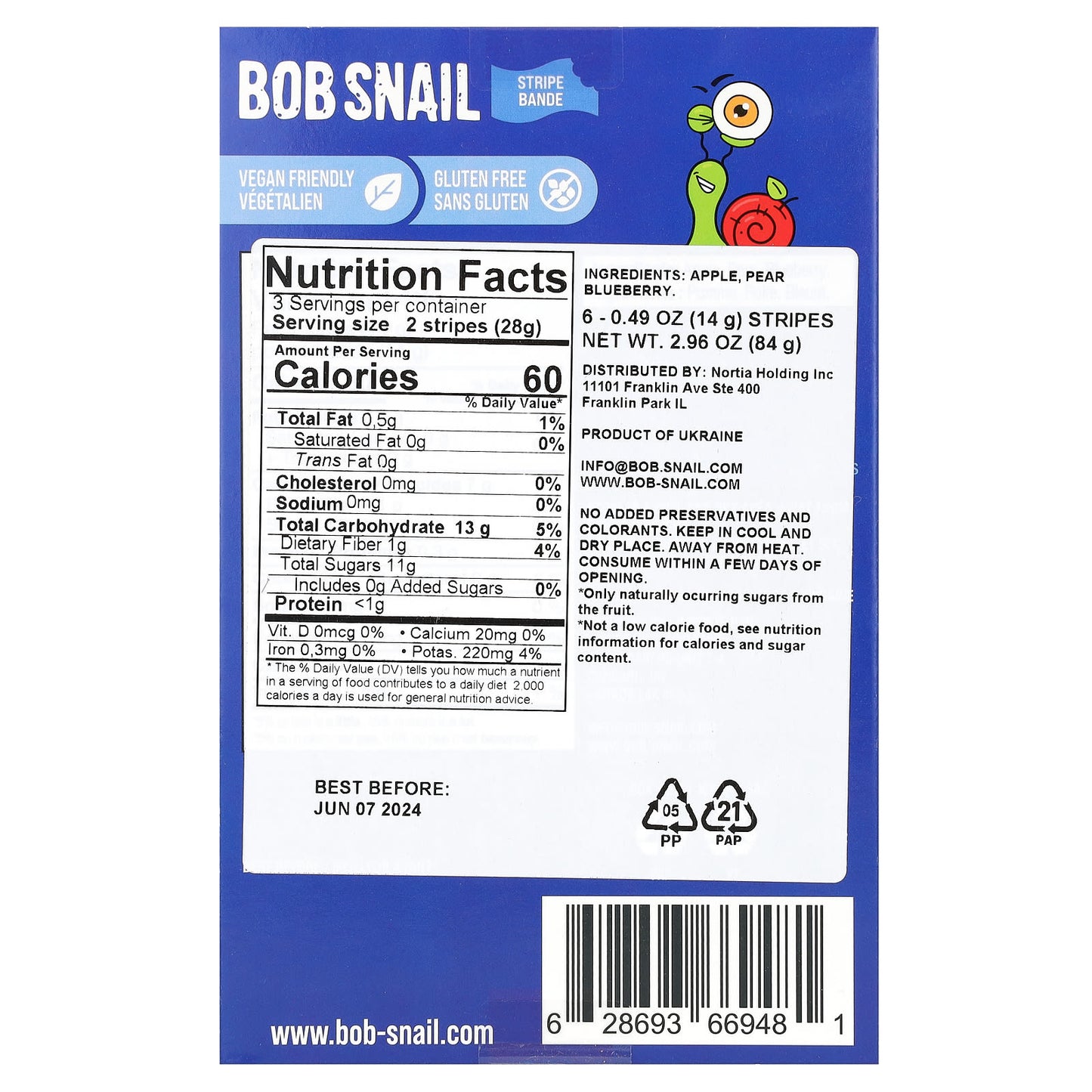 Bob Snail, Fruit Stripe, Apple-Pear-Blueberry, 6 Stripes, 0.49 oz (14 g) Each