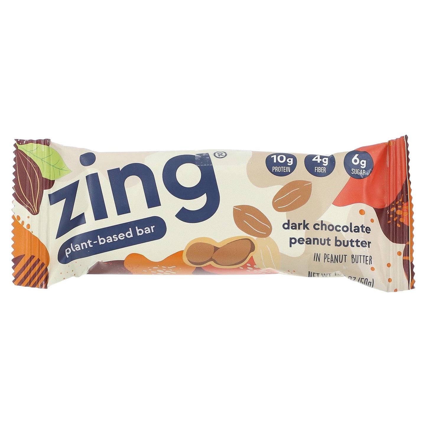 Zing Bars, Plant-Based Bar, Dark Chocolate Peanut Butter in Peanut Butter, 6 Bars, 1.74 oz (50 g) Each