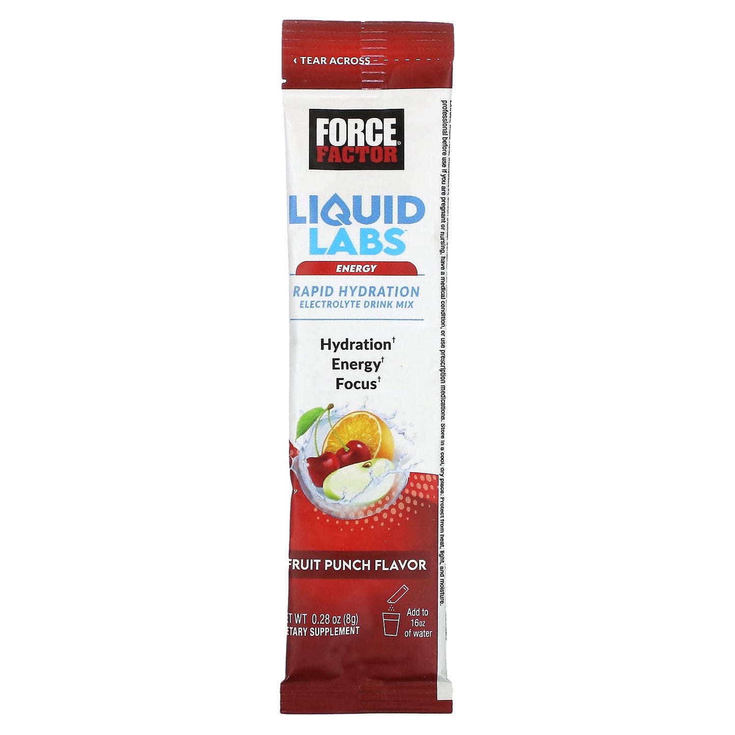 Force Factor, Liquid Labs Energy, Rapid Hydration Electrolyte Drink Mix, Fruit Punch, 20 Stick Packs, 0.28 oz (8 g) Each