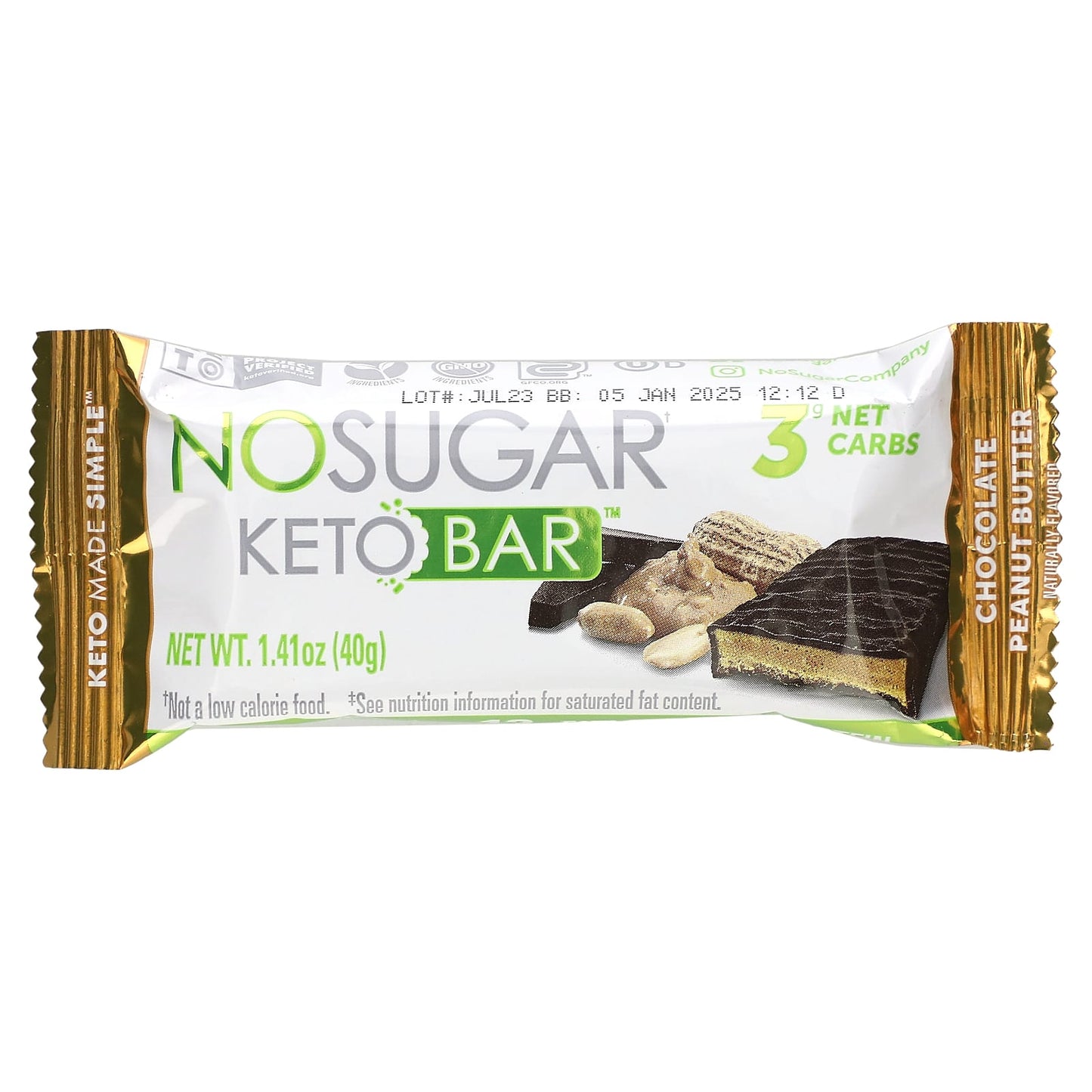 No Sugar Company, Keto Bar, Chocolate Peanut Butter, 12 Bars, 1.41 oz (40 g) Each